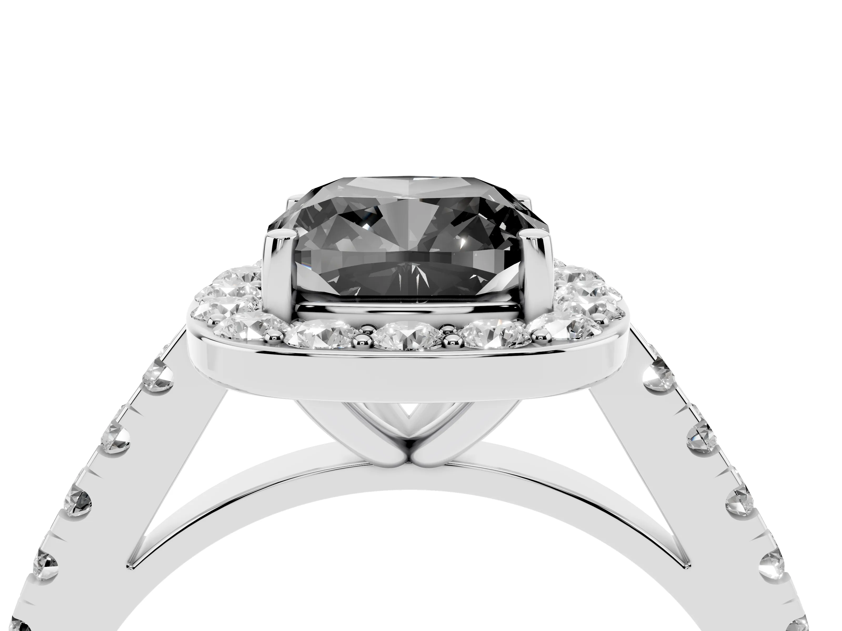 Fancy Black Cushion Cut Diamond Halo Ring Set in Silver with Round Pavé Split Shank and Prong Setting