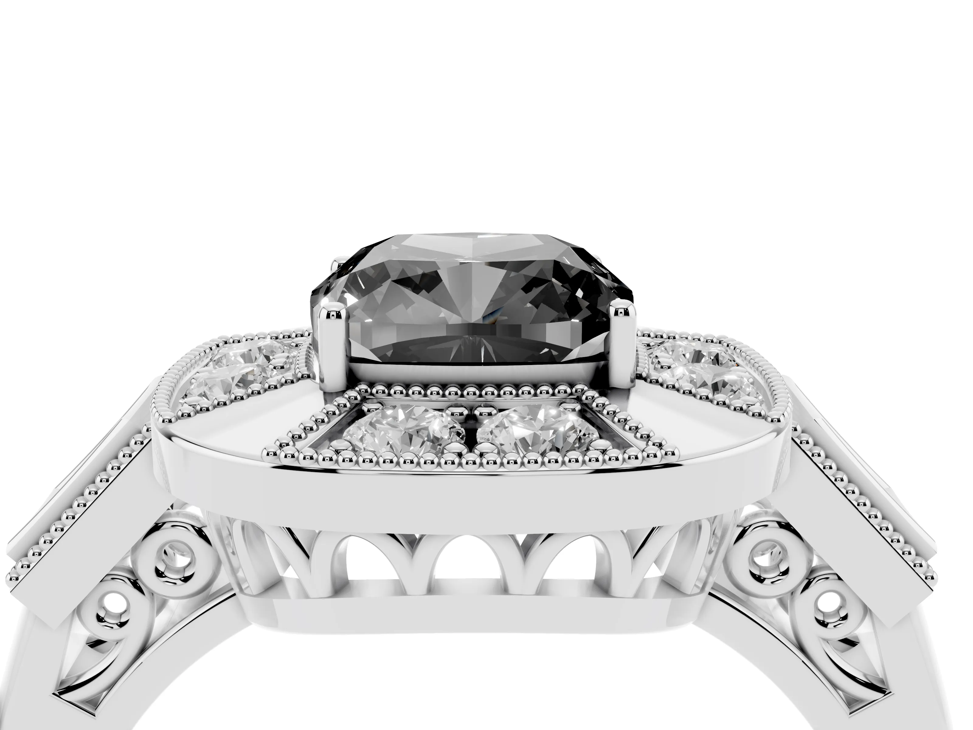 Fancy Black Cushion Cut Diamond Milgrain Halo Ring Set in Silver with Split Shank