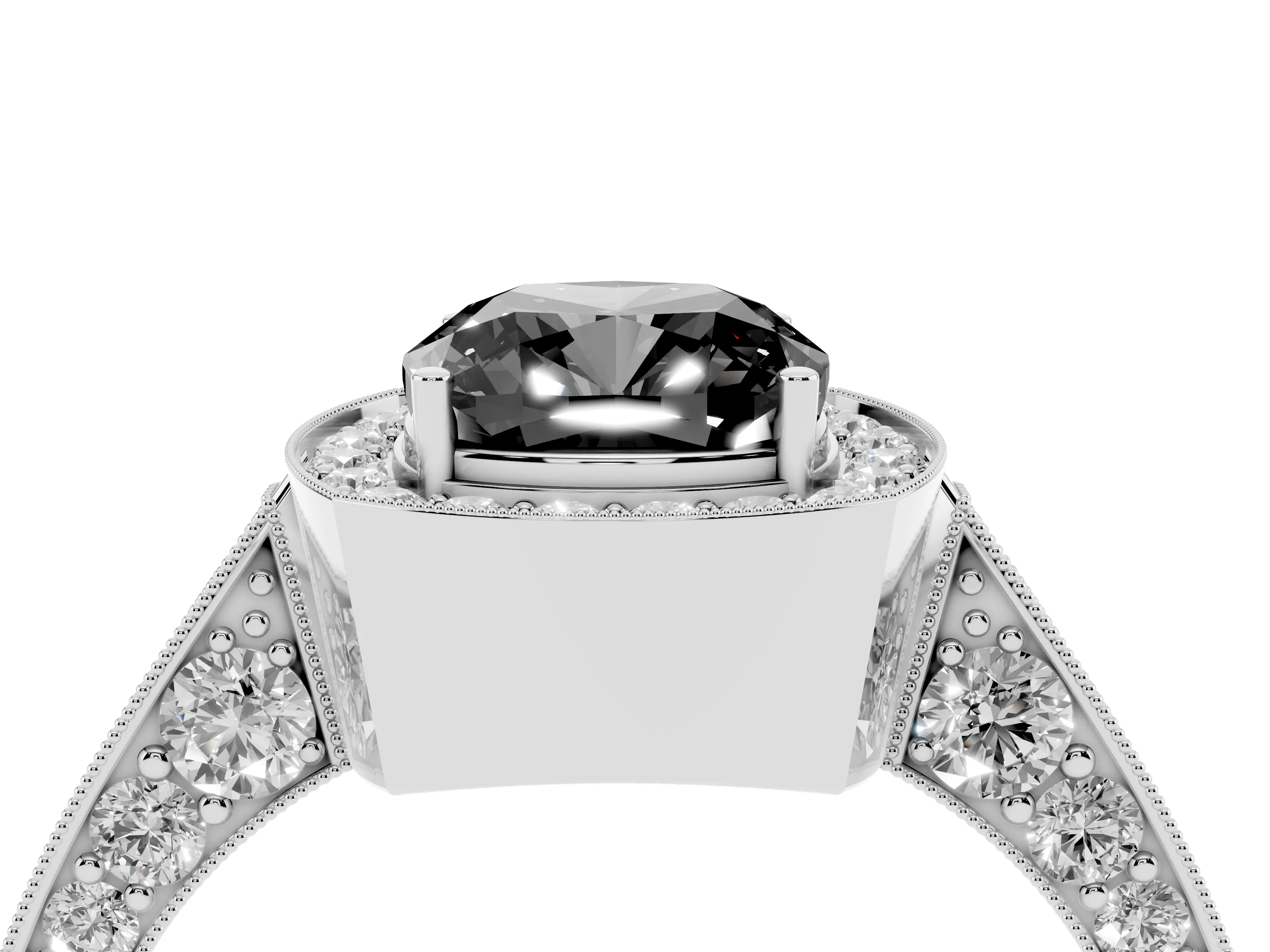Fancy Black Cushion Cut Diamond Halo Engagement Ring Set in White gold with Accent Split Shank Band