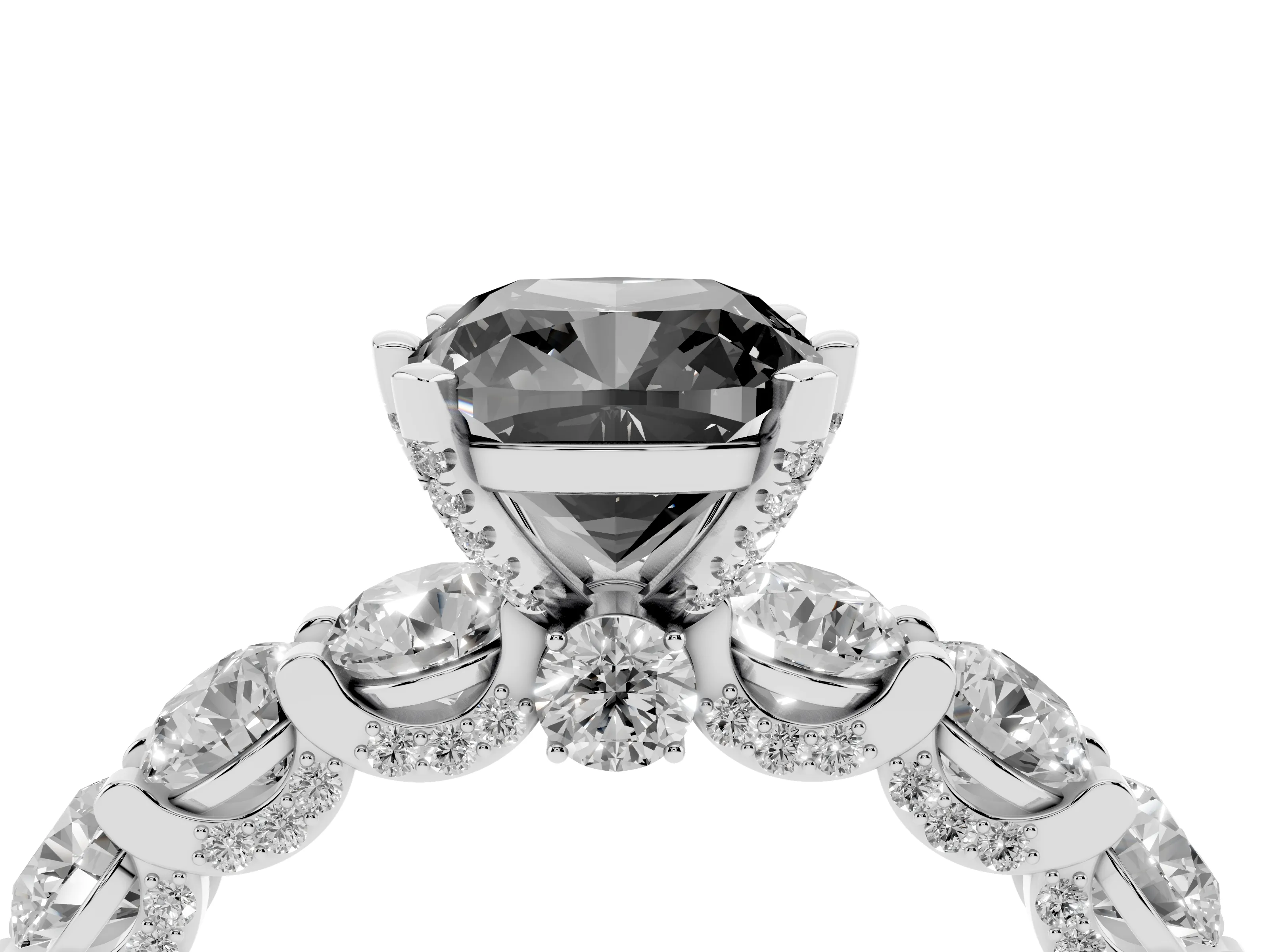 Fancy Black Cushion Cut Diamond Side Stone Ring Set in Platinum with Alternating Round and Oval Side Stones
