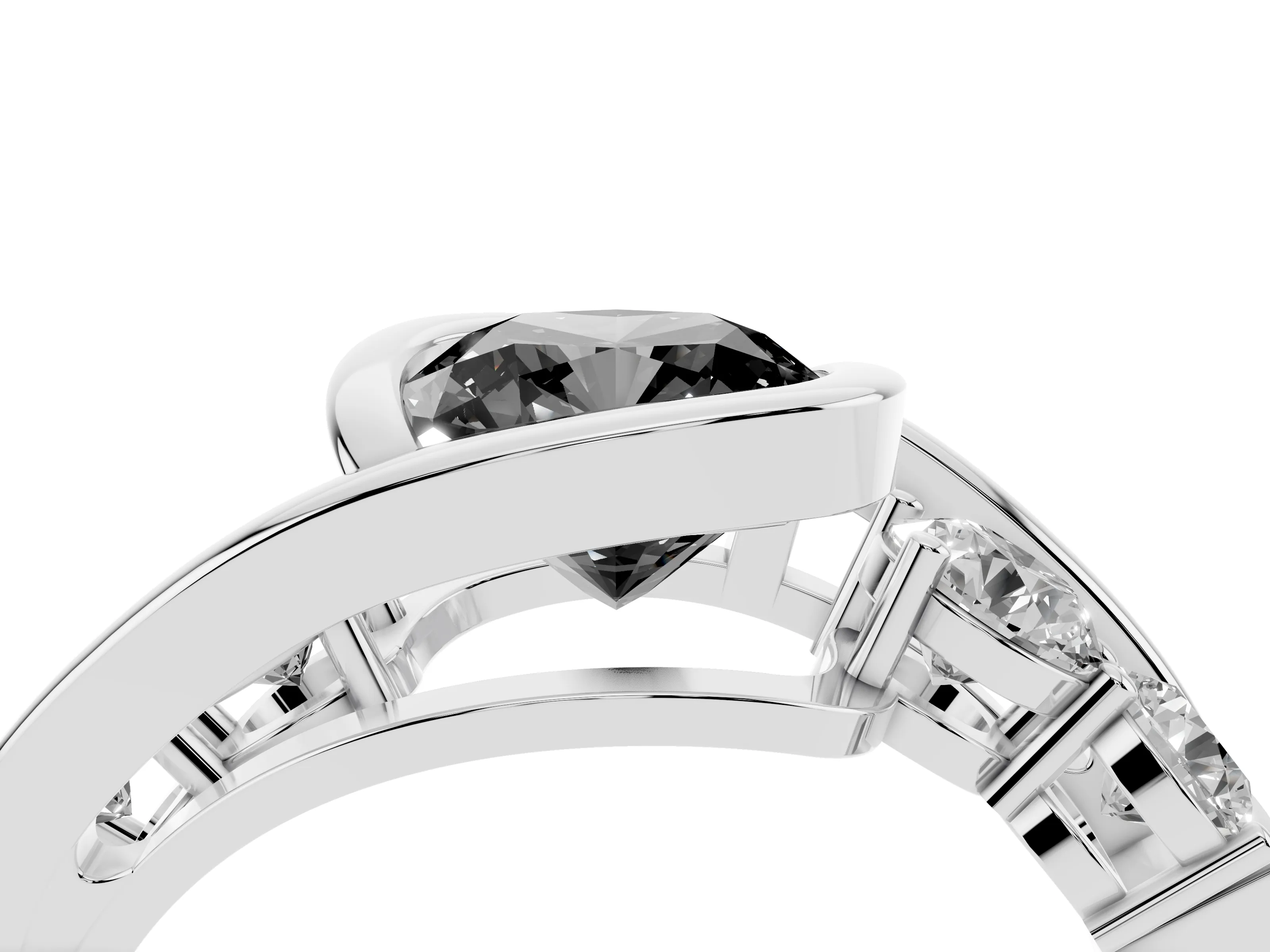 Fancy Black Cushion Cut Diamond Bezel Bypass Ring Set in Platinum with Round Accents
