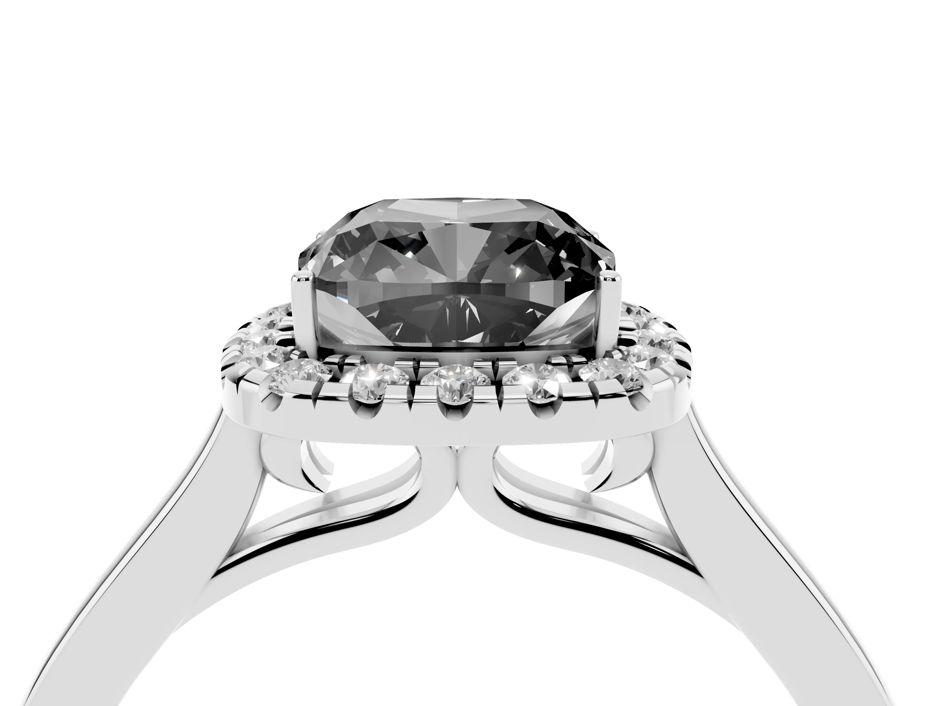 Fancy Black Cushion Cut Halo Round Diamond Solitaire Ring Set in Platinum with Pavé Band and Prong Setting