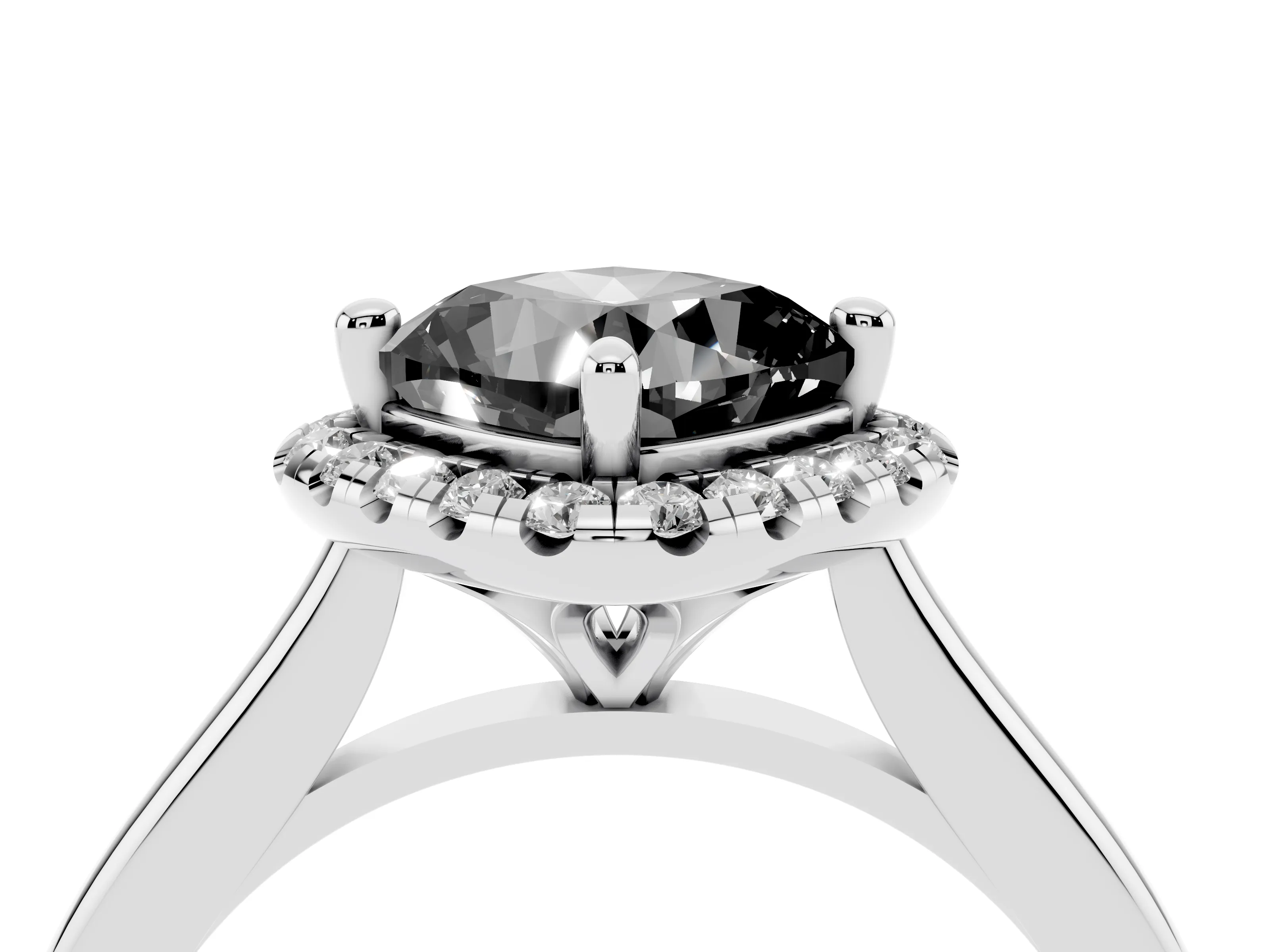 Fancy Black Cushion Cut Diamond Halo Engagement Ring Set in White gold with Pavé Band and Rising Shoulders