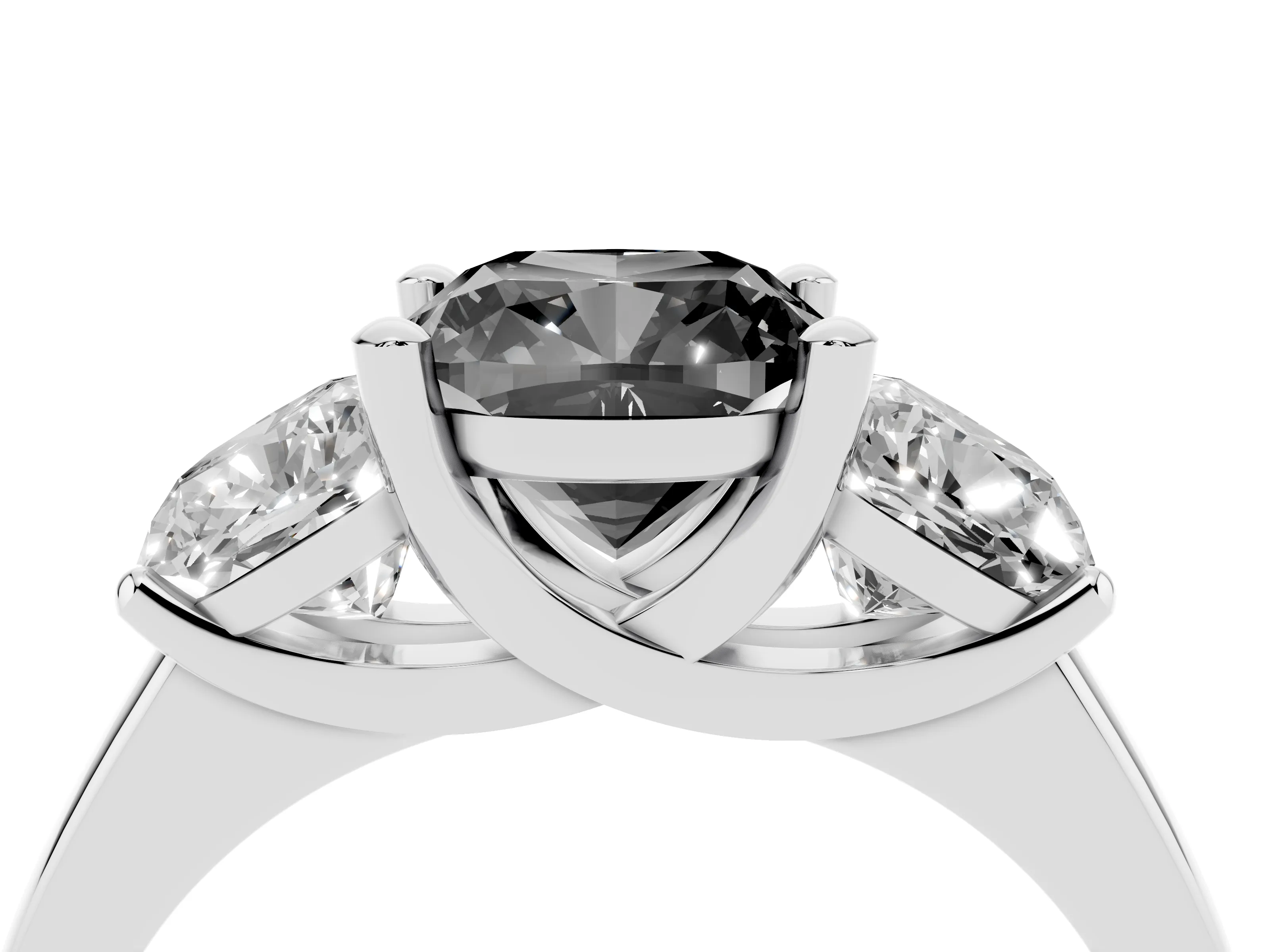 Fancy Black Cushion Cut Diamond Three-Stone Ring Set in White gold with Classic Prong Setting and Plain Band
