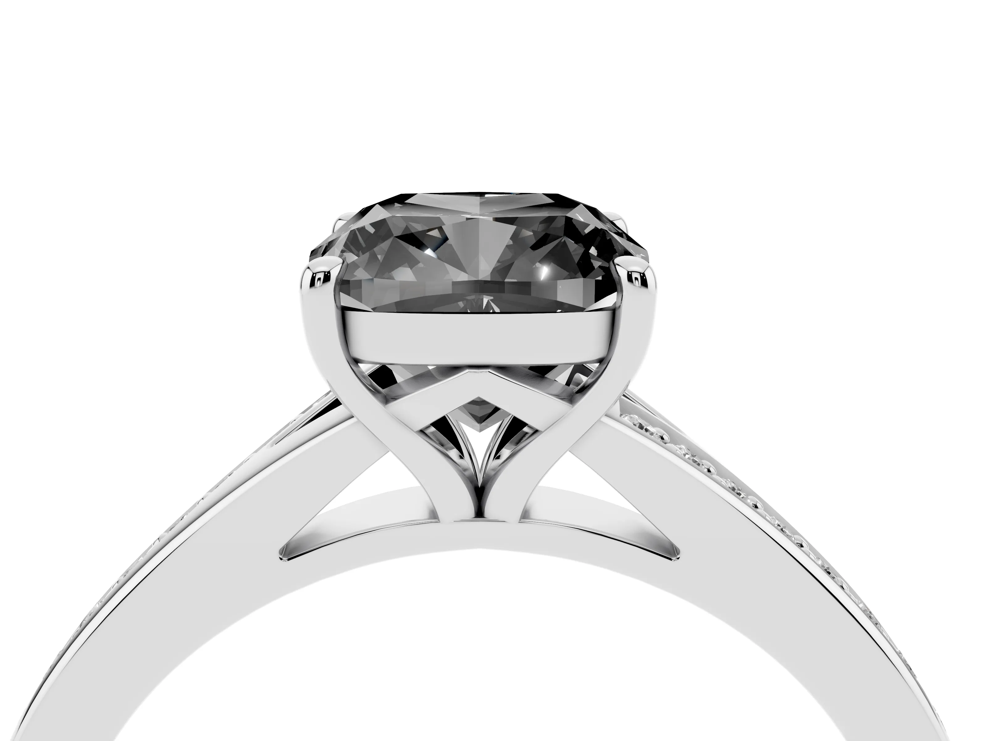Fancy Black Cushion Cut Diamond Solitaire Ring Set in Platinum with Pavé Accent Band and Classic Prong Setting