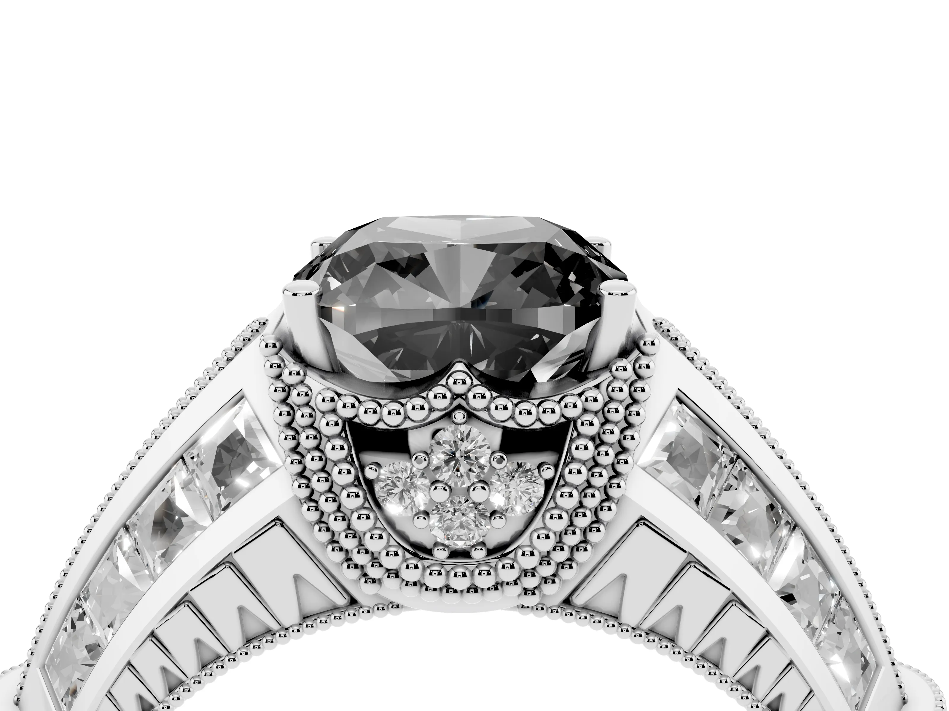Fancy Black Cushion Cut Diamond Vintage-Inspired Milgrain Ring Set in Silver with Accent Split Shank