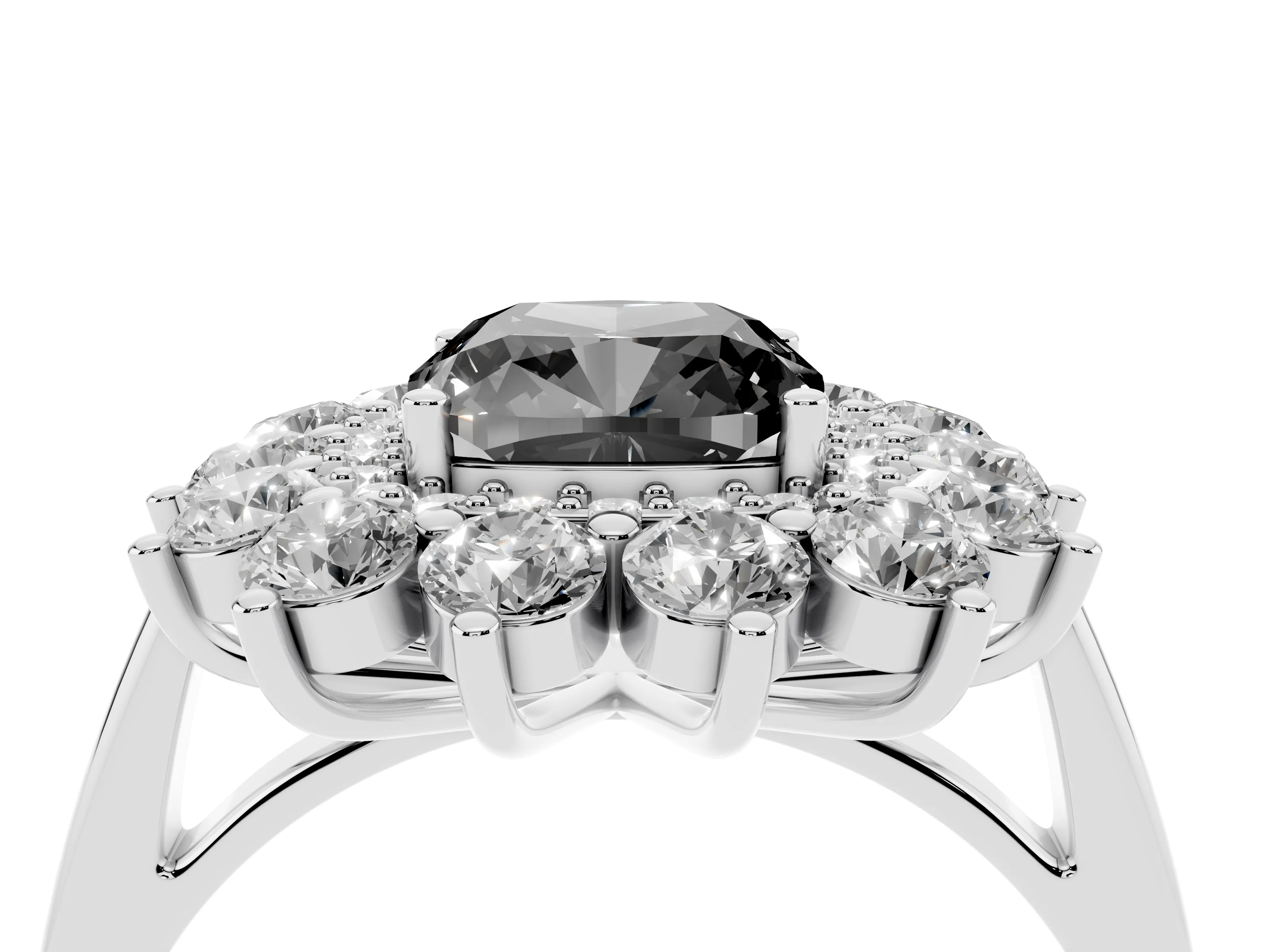 Fancy Black Cushion Cut Diamond Floral Double Halo Ring Set in Platinum with Round Petals