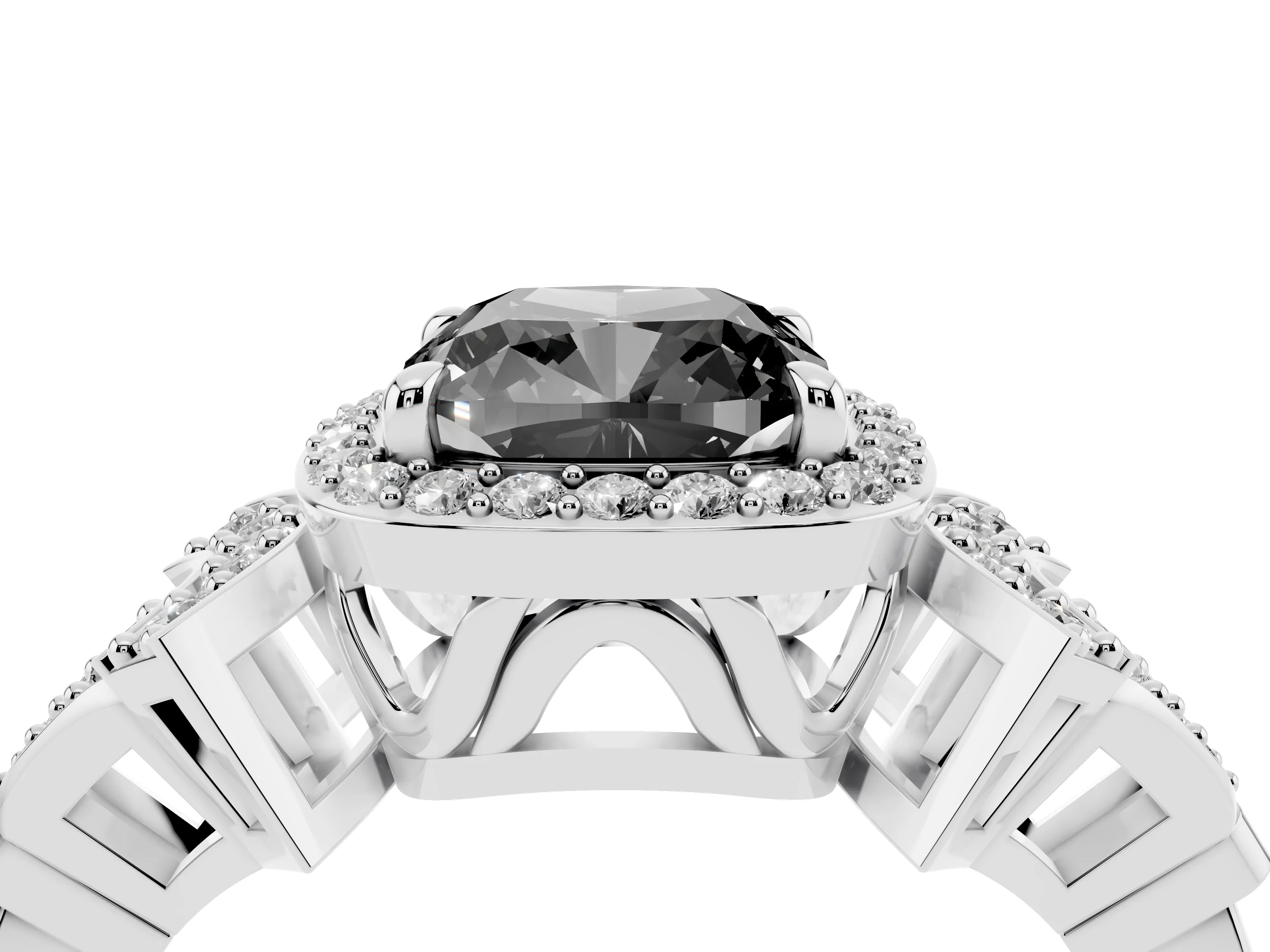Fancy Black Cushion Cut Diamond Halo Engagement Ring Set in White gold with Accent Stone Split Shank