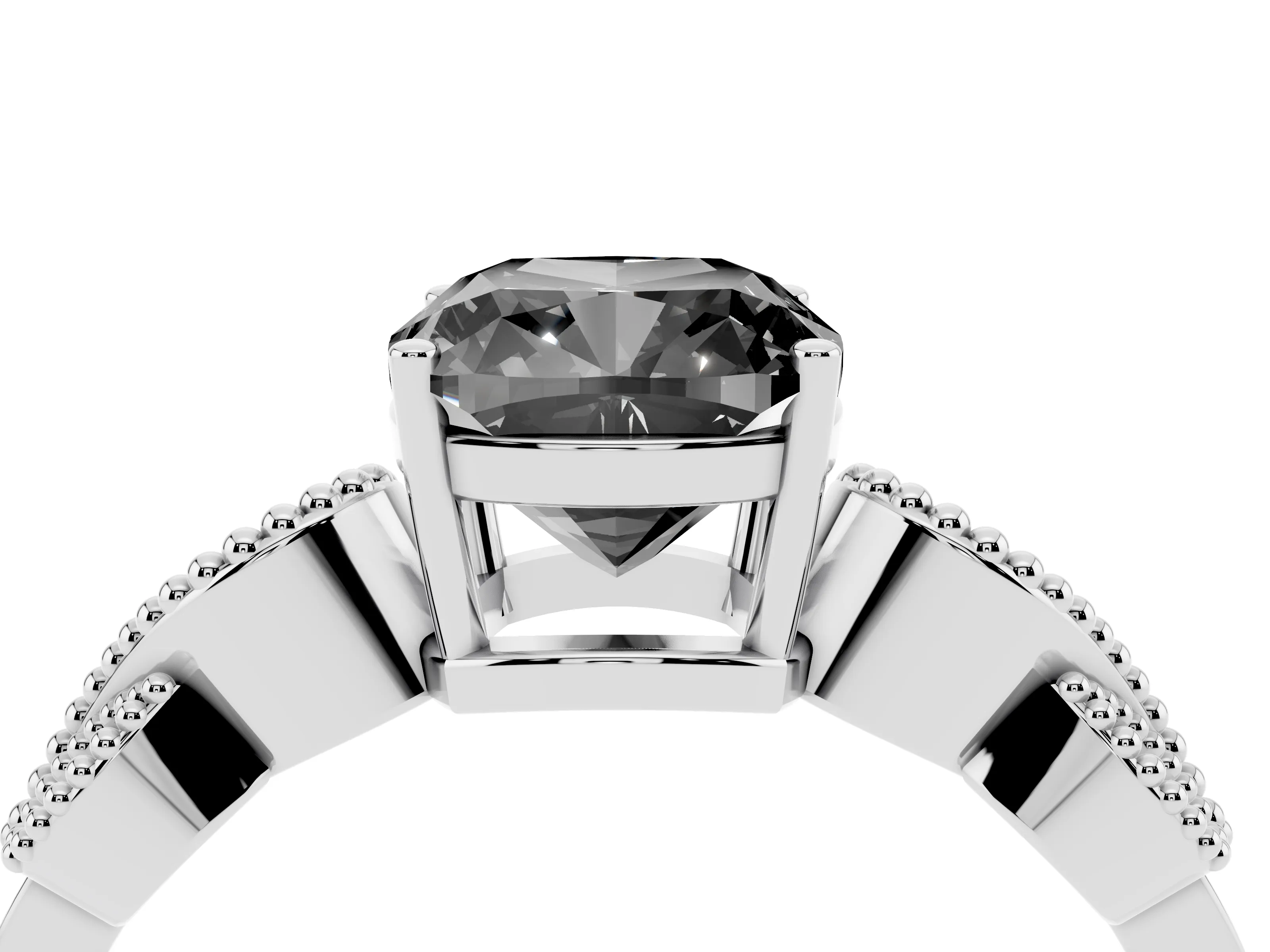 Fancy Black Cushion Cut Diamond Milgrain Leaf Band Solitaire Ring Set in White gold with Accent Stones and Prong Setting