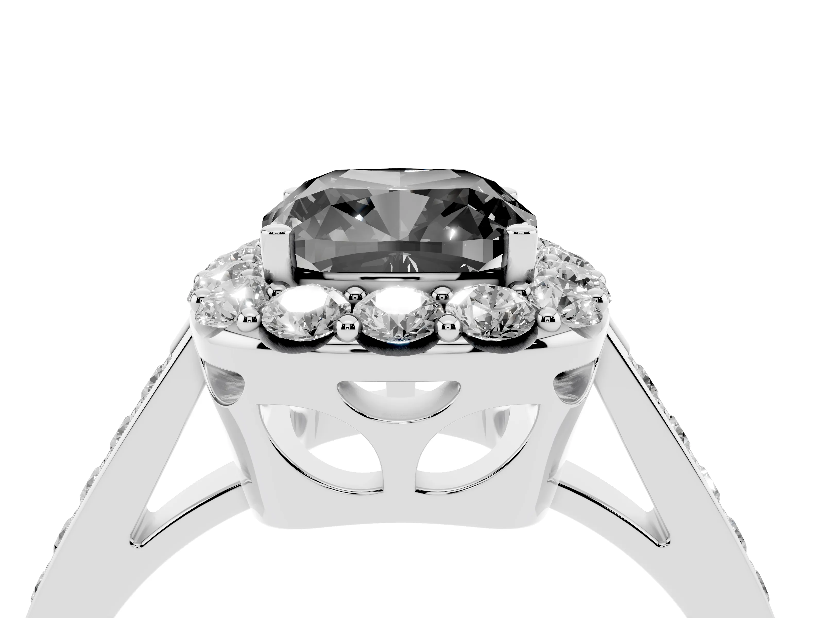 Fancy Black Cushion Cut Diamond Floral Halo Ring Set in White gold with Pavé Band and Prong Setting