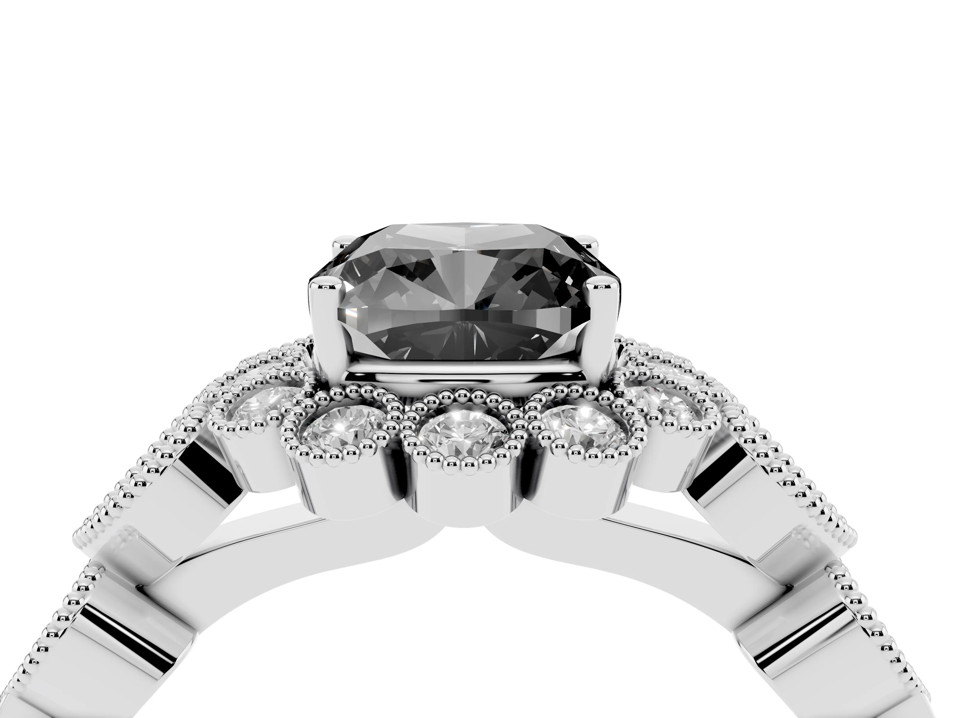 Fancy Black Cushion Cut Diamond Solitaire Ring Set in Platinum with Milgrain Pavé Heart Band