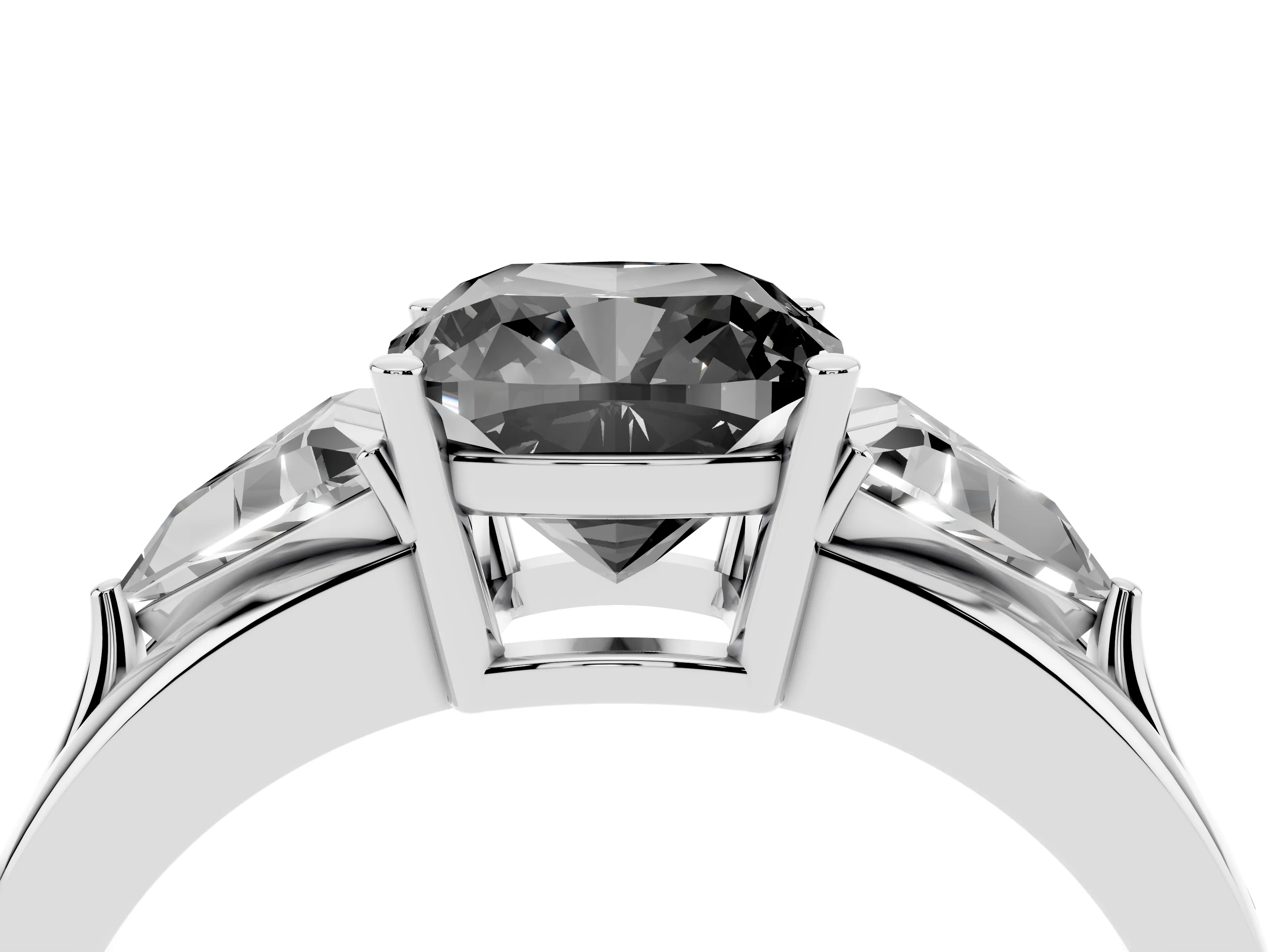 Fancy Black Cushion Cut Diamond Three-Stone Ring Set in Silver with Trillion Side Stones and Split Shank