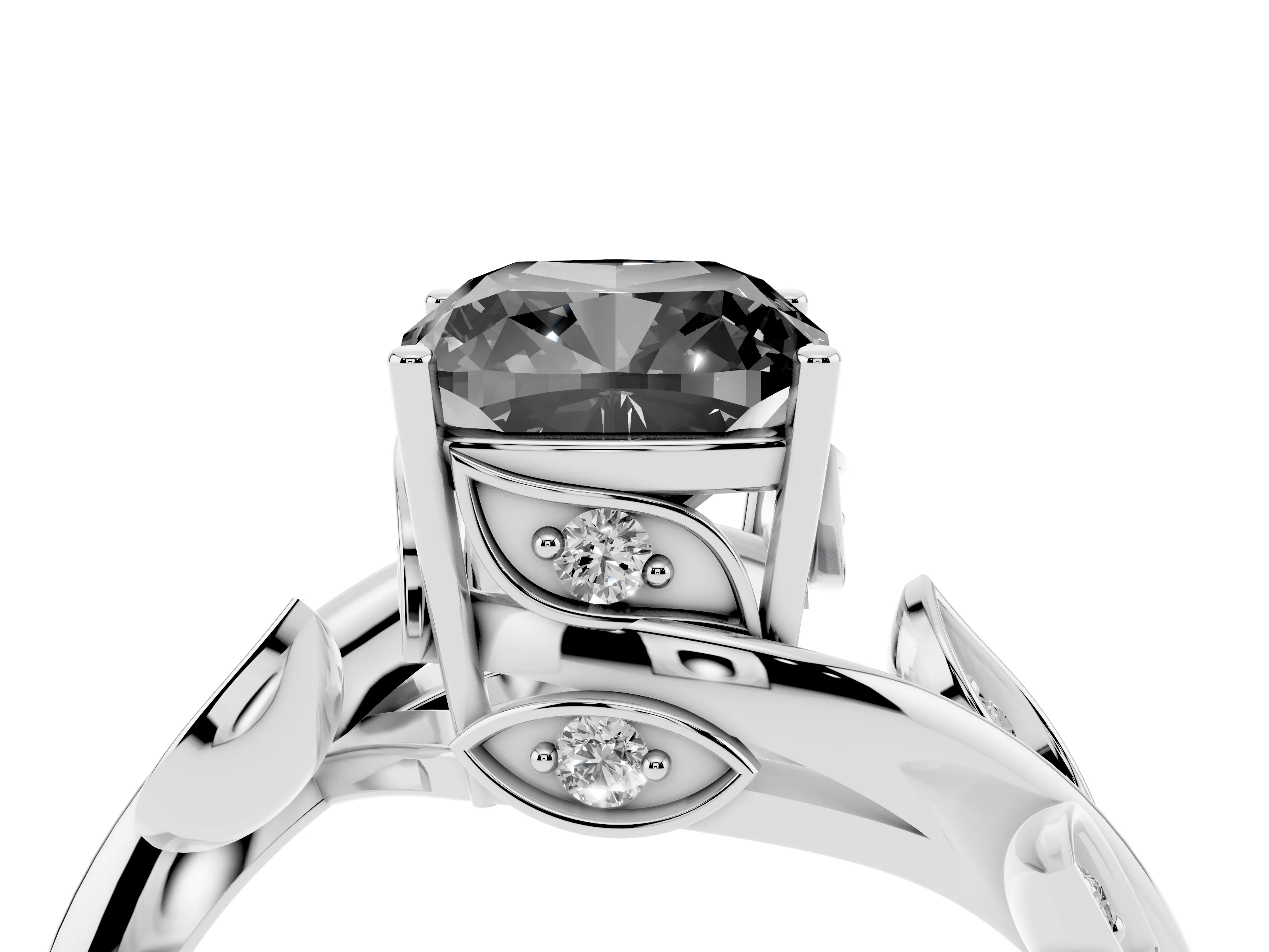 Fancy Black Cushion Cut Diamond Solitaire Twist Engagement Ring Set in Silver with Pavé Leaf Accents