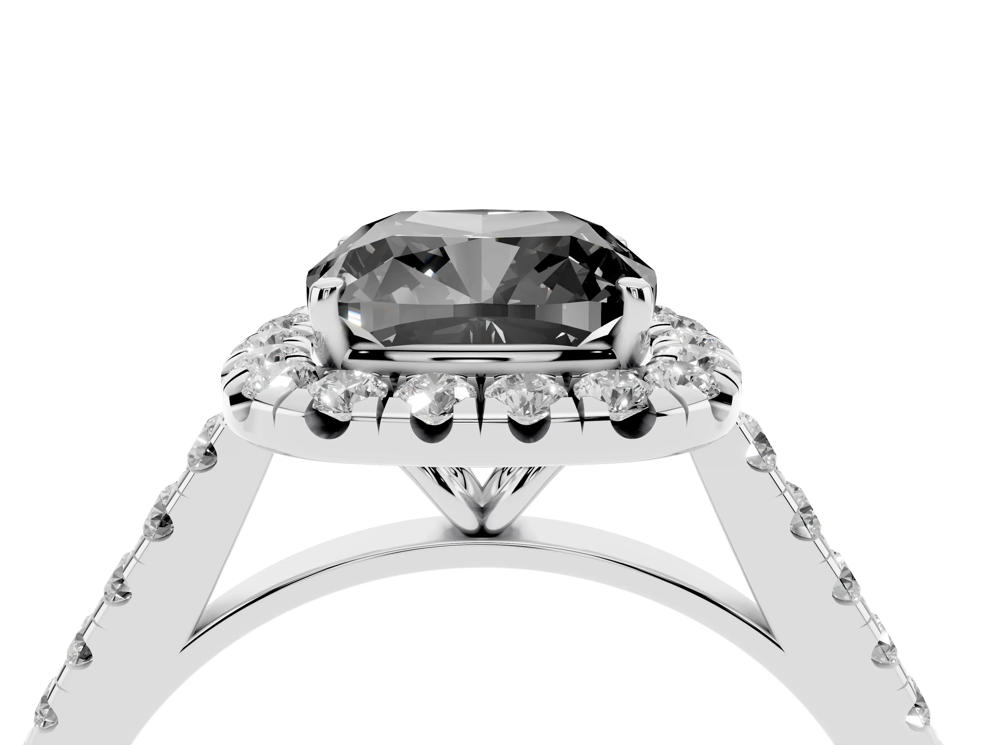 Fancy Black Cushion Cut Diamond Halo Pavé Engagement Ring Set in White gold with Prong Setting