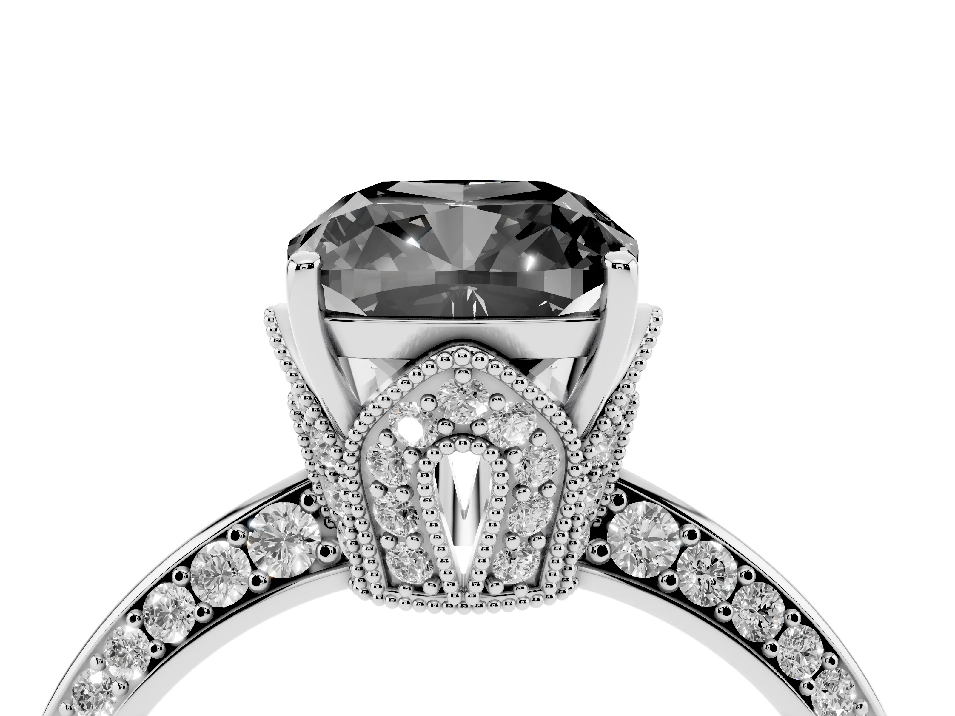 Fancy Black Cushion Cut Diamond Solitaire Engagement Ring Set in White gold with Pavé Split Shank and Prong Setting