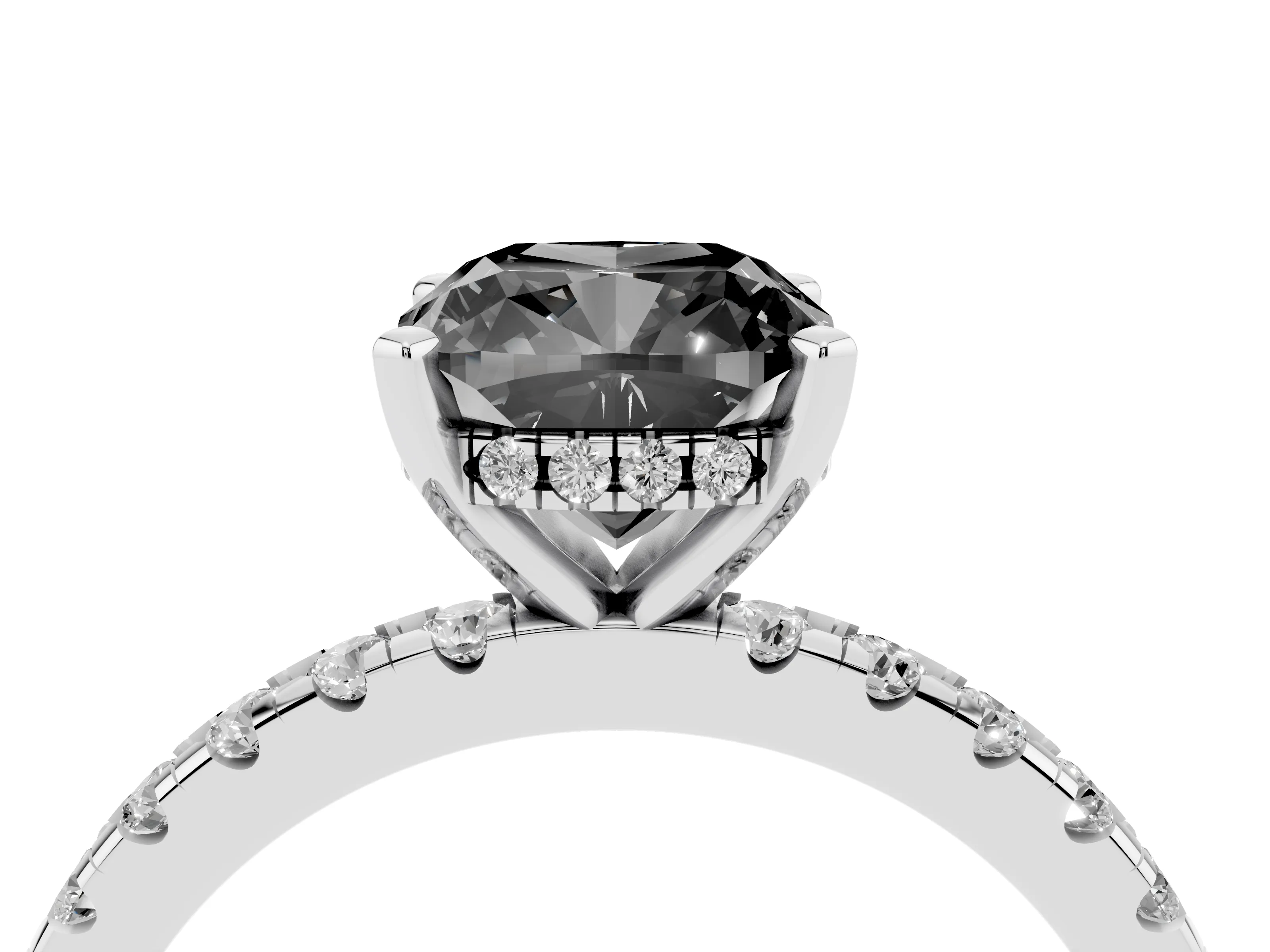 Fancy Black Cushion Cut Diamond Pavé Solitaire Ring Set in White gold with Round Band Accents and Prong Setting