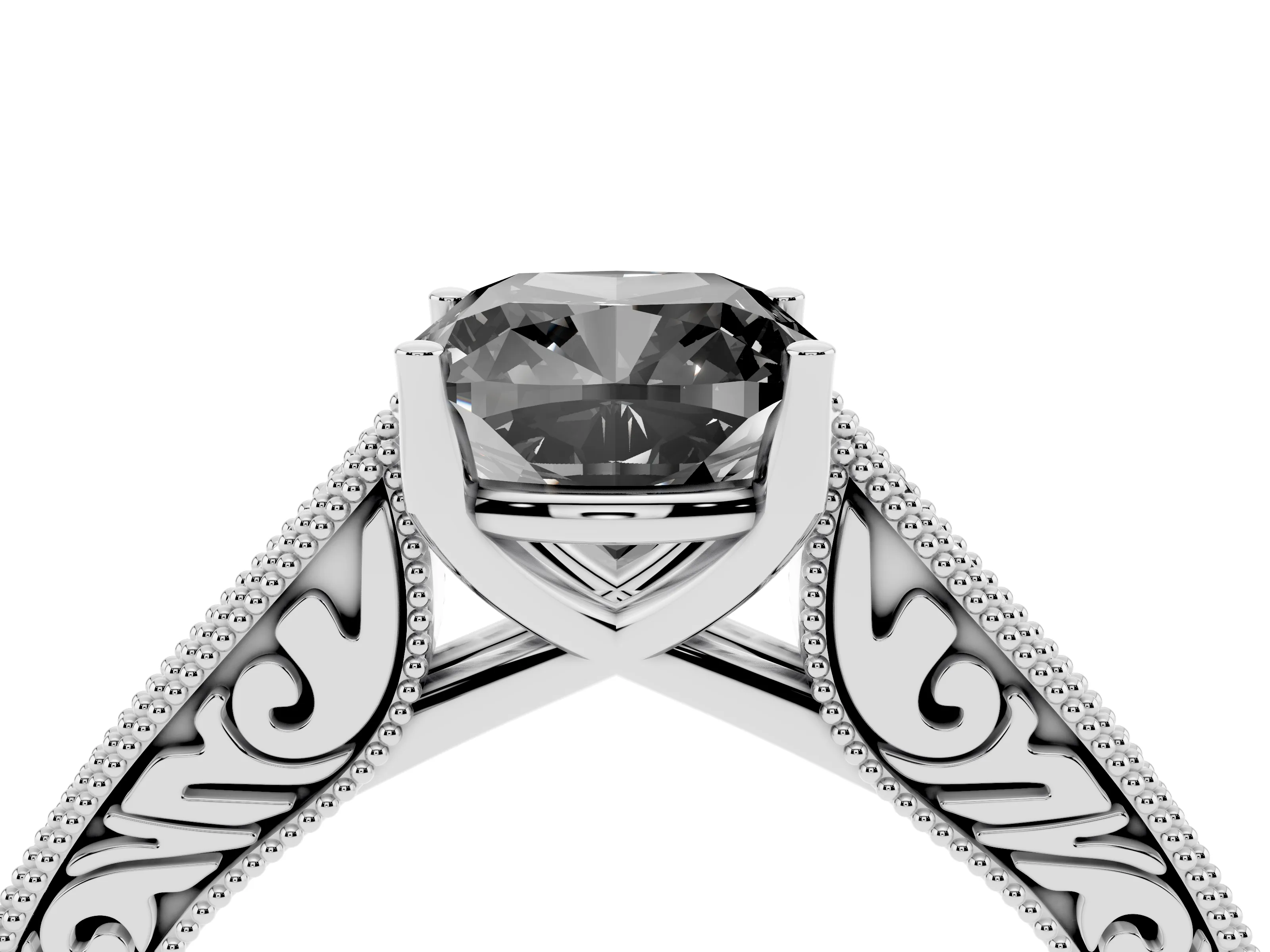 Fancy Black Cushion Cut Diamond Milgrain Pavé Band Solitaire Ring Set in White gold with Prong Setting