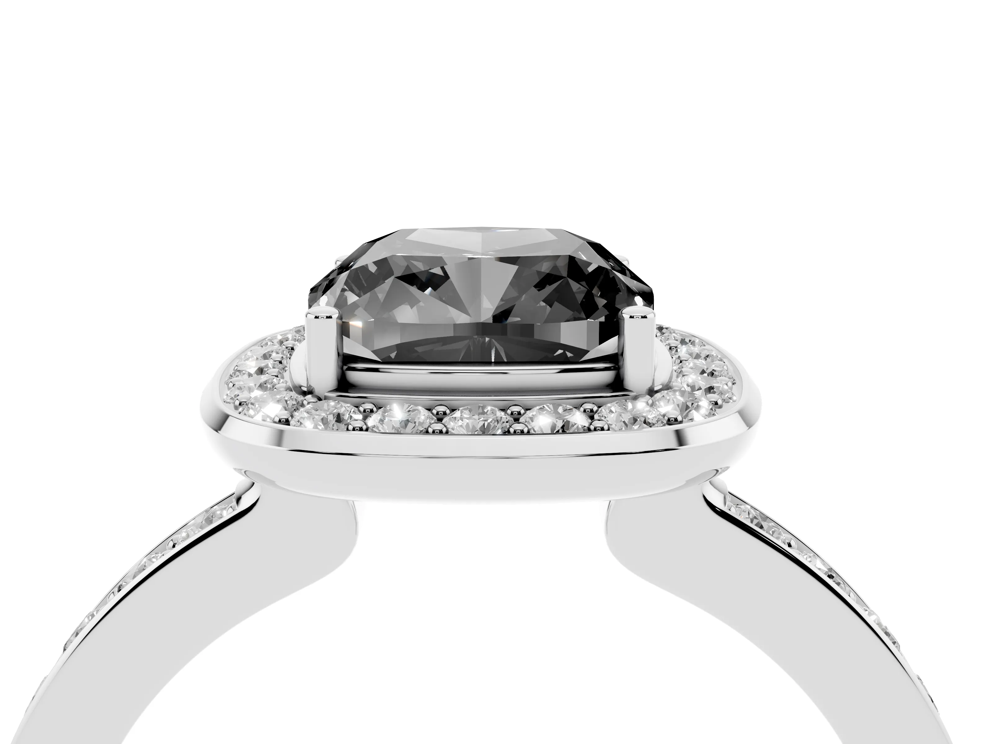 Fancy Black Cushion Cut Diamond Halo Ring Set in Silver with Bezel Frame and Pavé Band