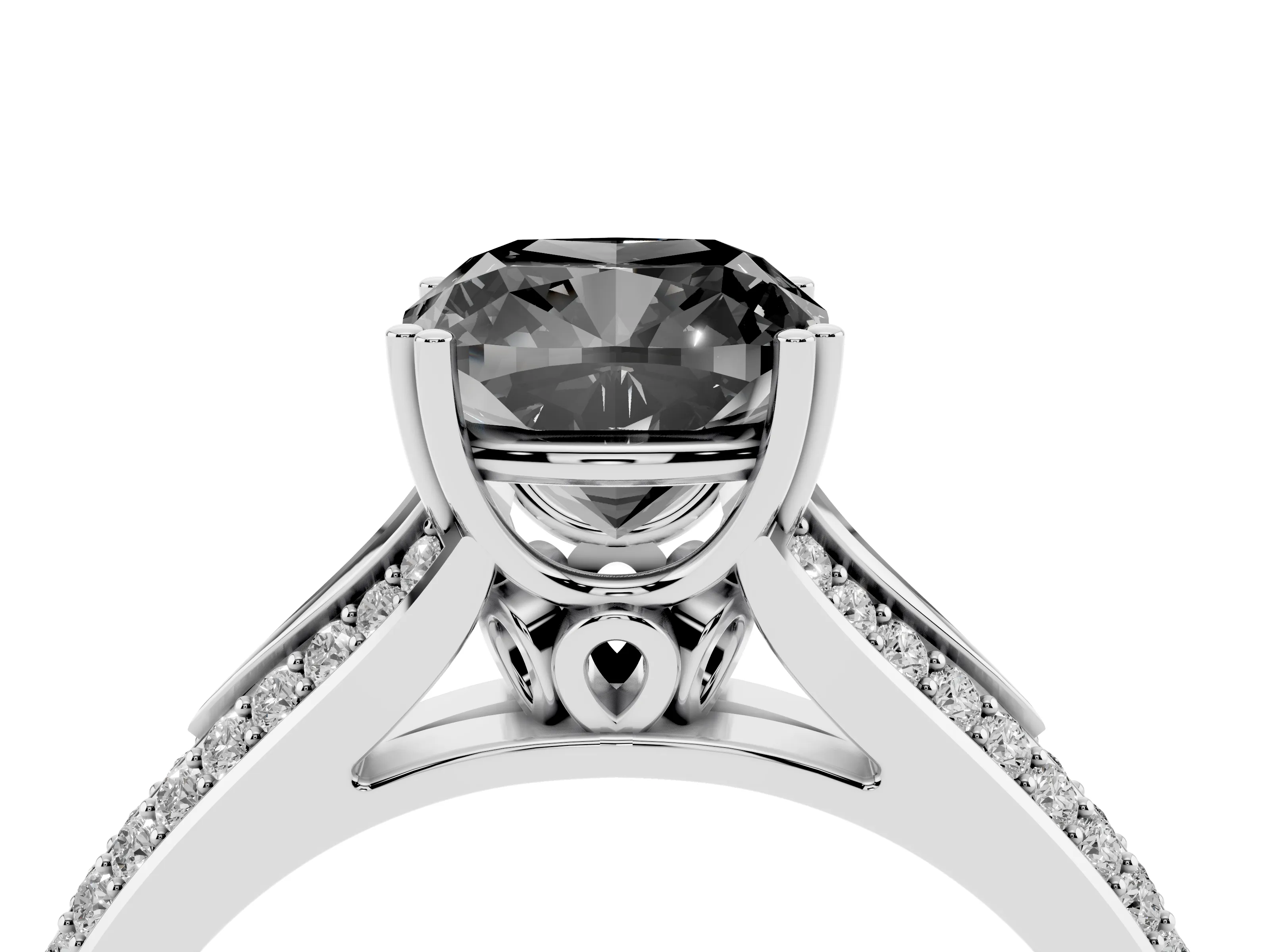 Fancy Black Cushion Cut Diamond Split Shank Pavé Engagement Ring Set in Platinum with Prong-Set Center Stone