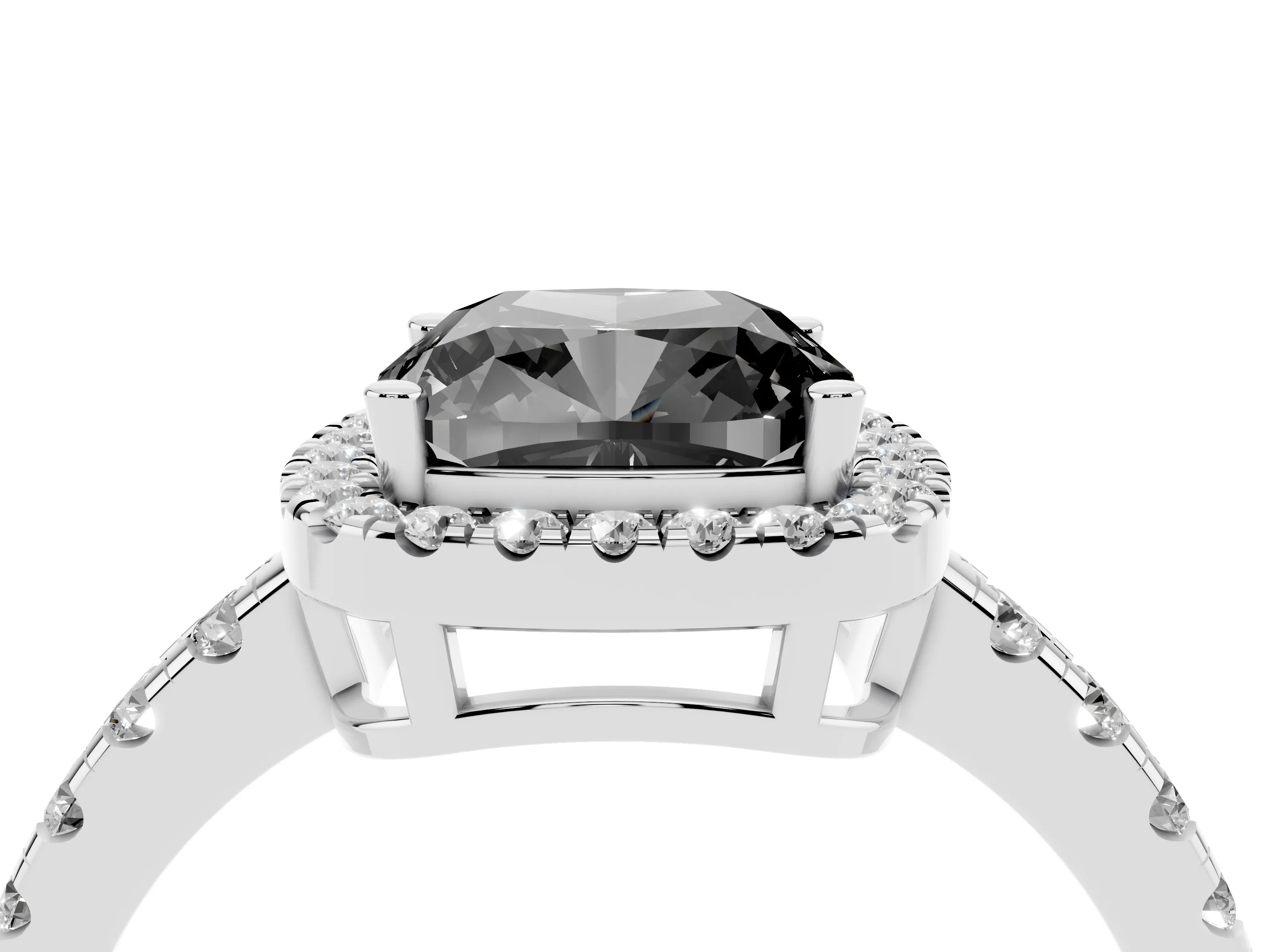 Fancy Black Cushion Cut Diamond Halo Ring Set in Silver with Delicate Pavé Band and Prong Setting