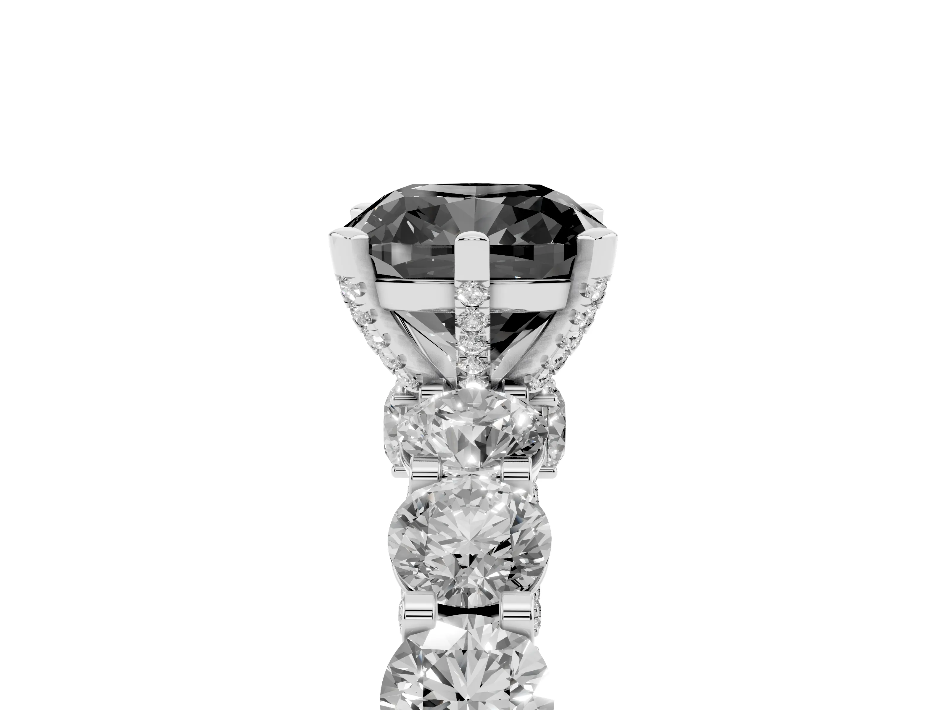 Fancy Black Cushion Cut Diamond Side Stone Ring Set in Platinum with Alternating Round and Oval Side Stones