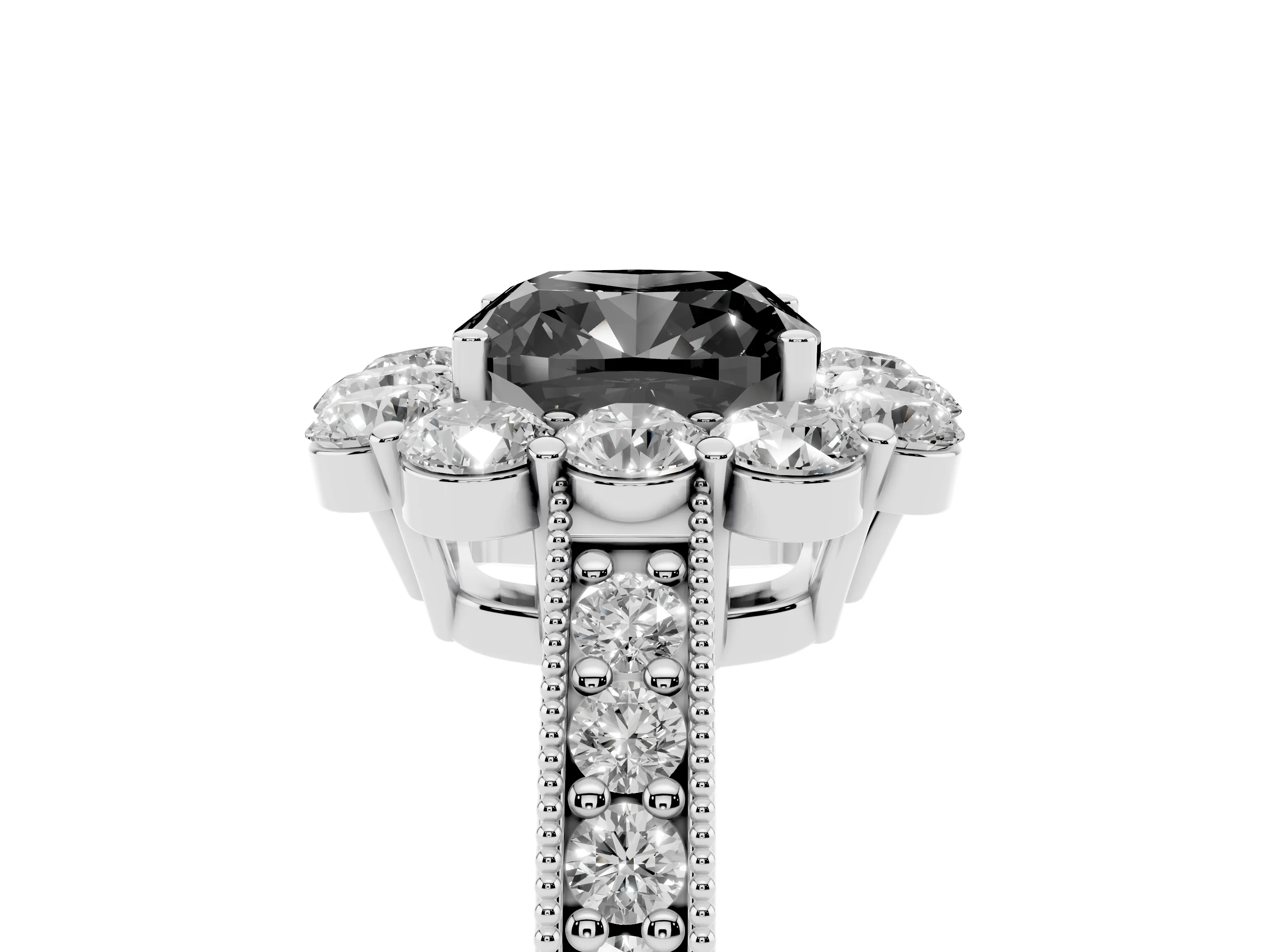 Fancy Black Cushion Cut Diamond Halo Pavé Engagement Ring Set in White gold with Milgrain Detailing
