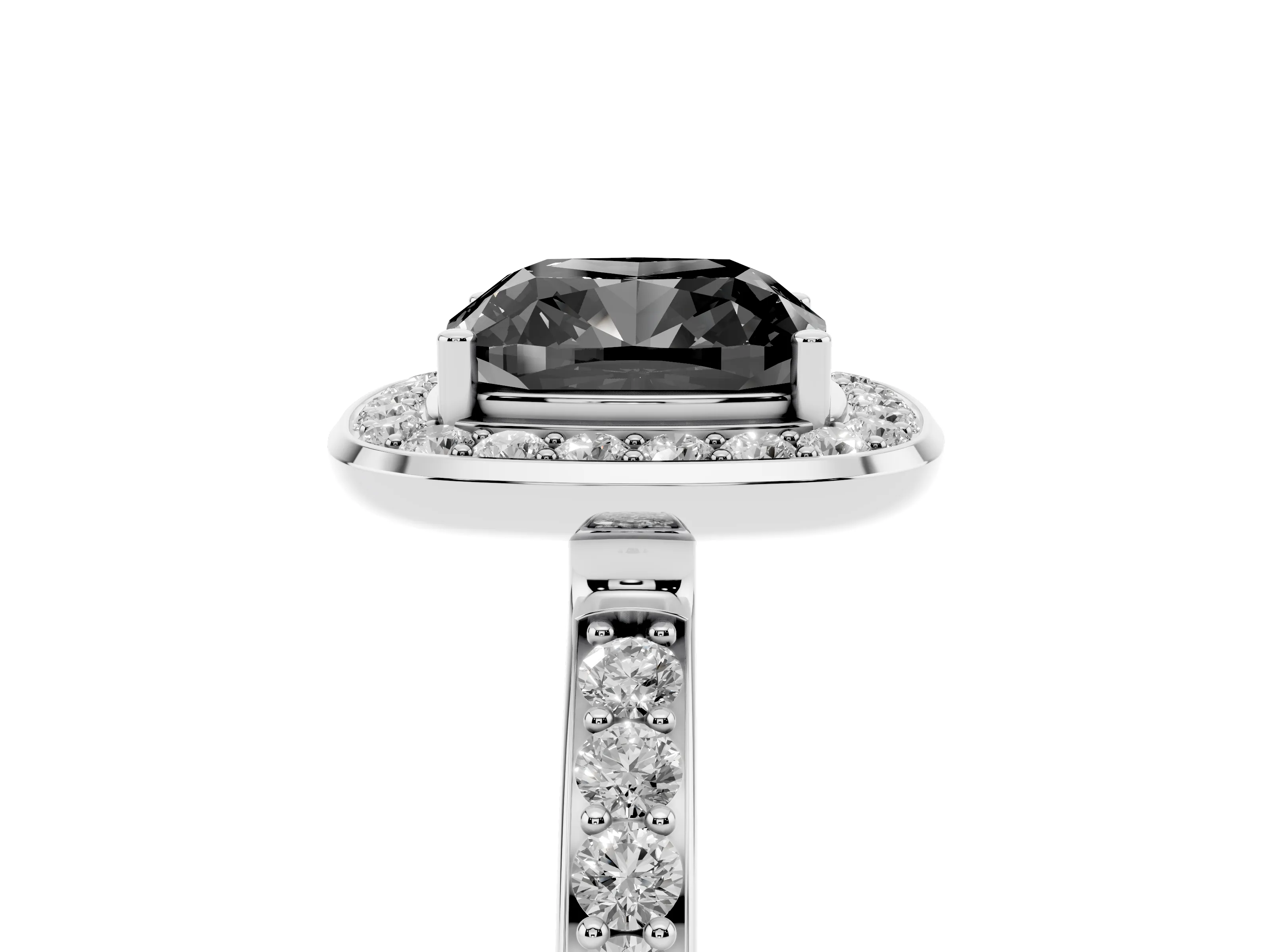 Fancy Black Cushion Cut Diamond Halo Ring Set in Silver with Bezel Frame and Pavé Band