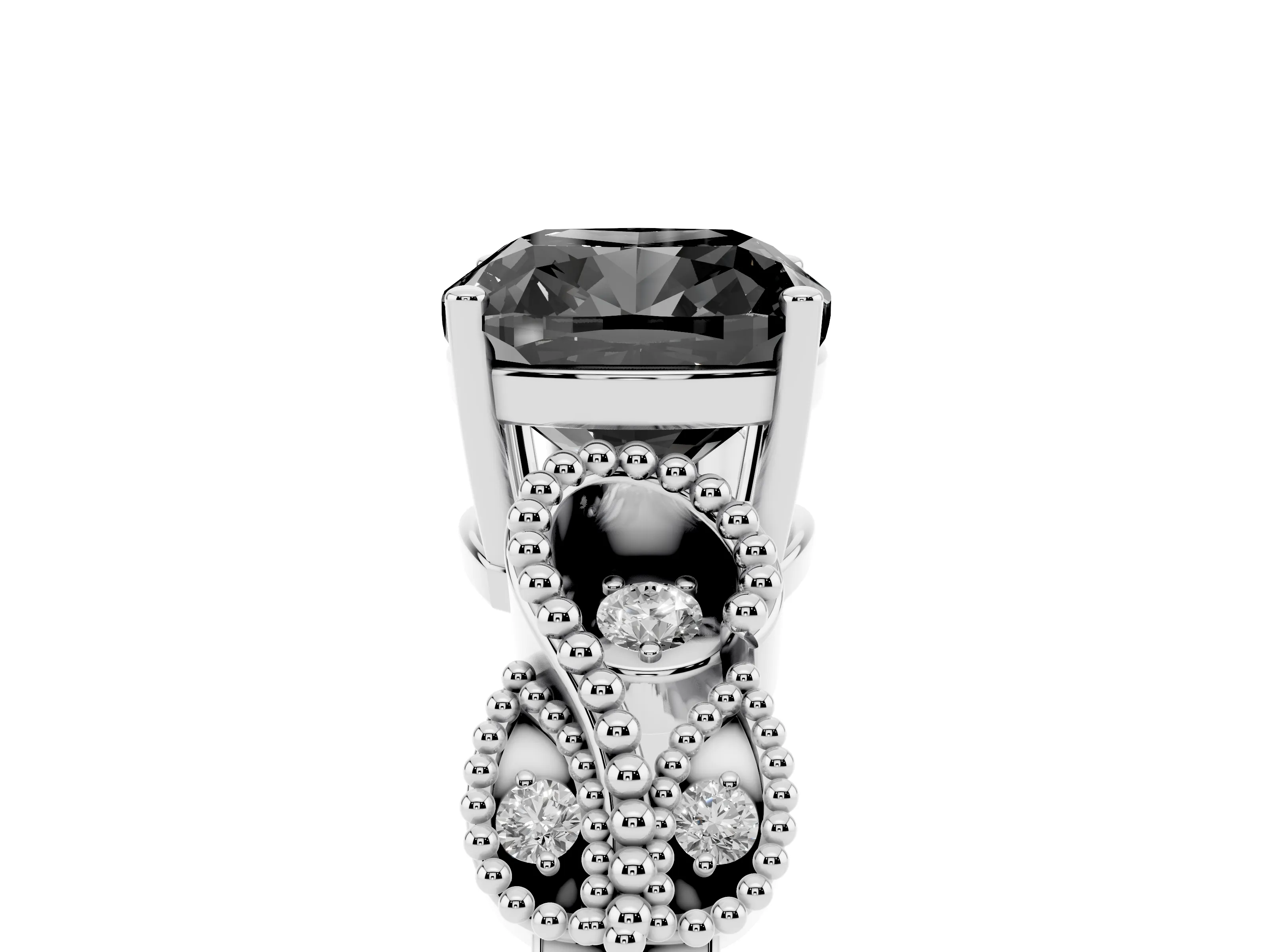 Fancy Black Cushion Cut Diamond Milgrain Leaf Band Solitaire Ring Set in White gold with Accent Stones and Prong Setting