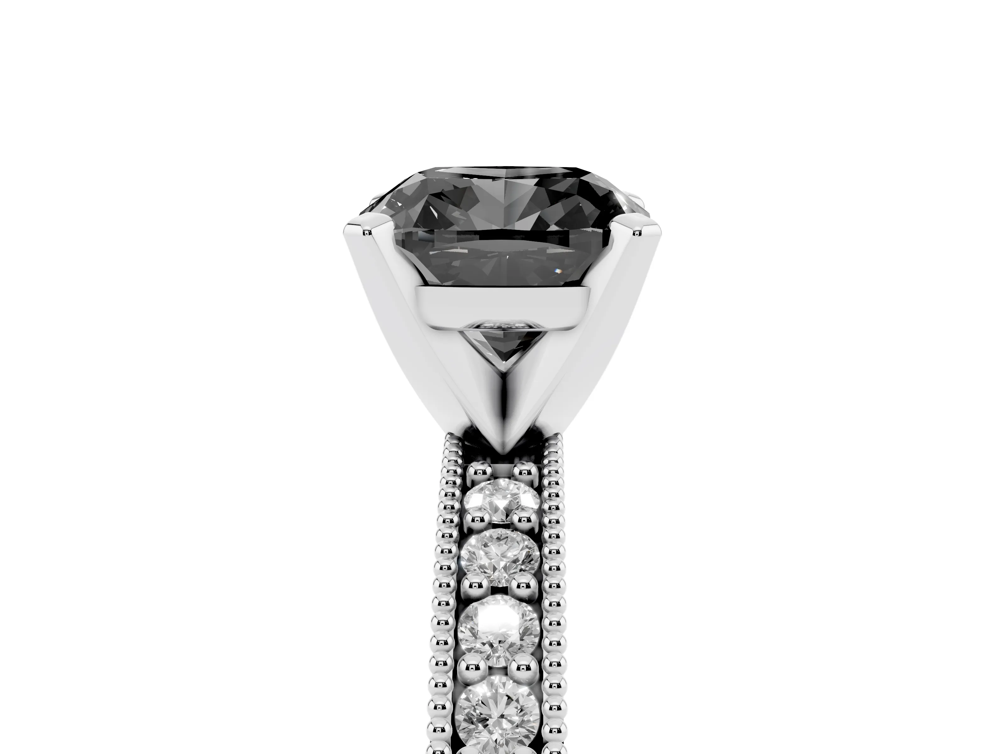 Fancy Black Cushion Cut Diamond Milgrain Pavé Engagement Ring Set in White gold with Prong Setting