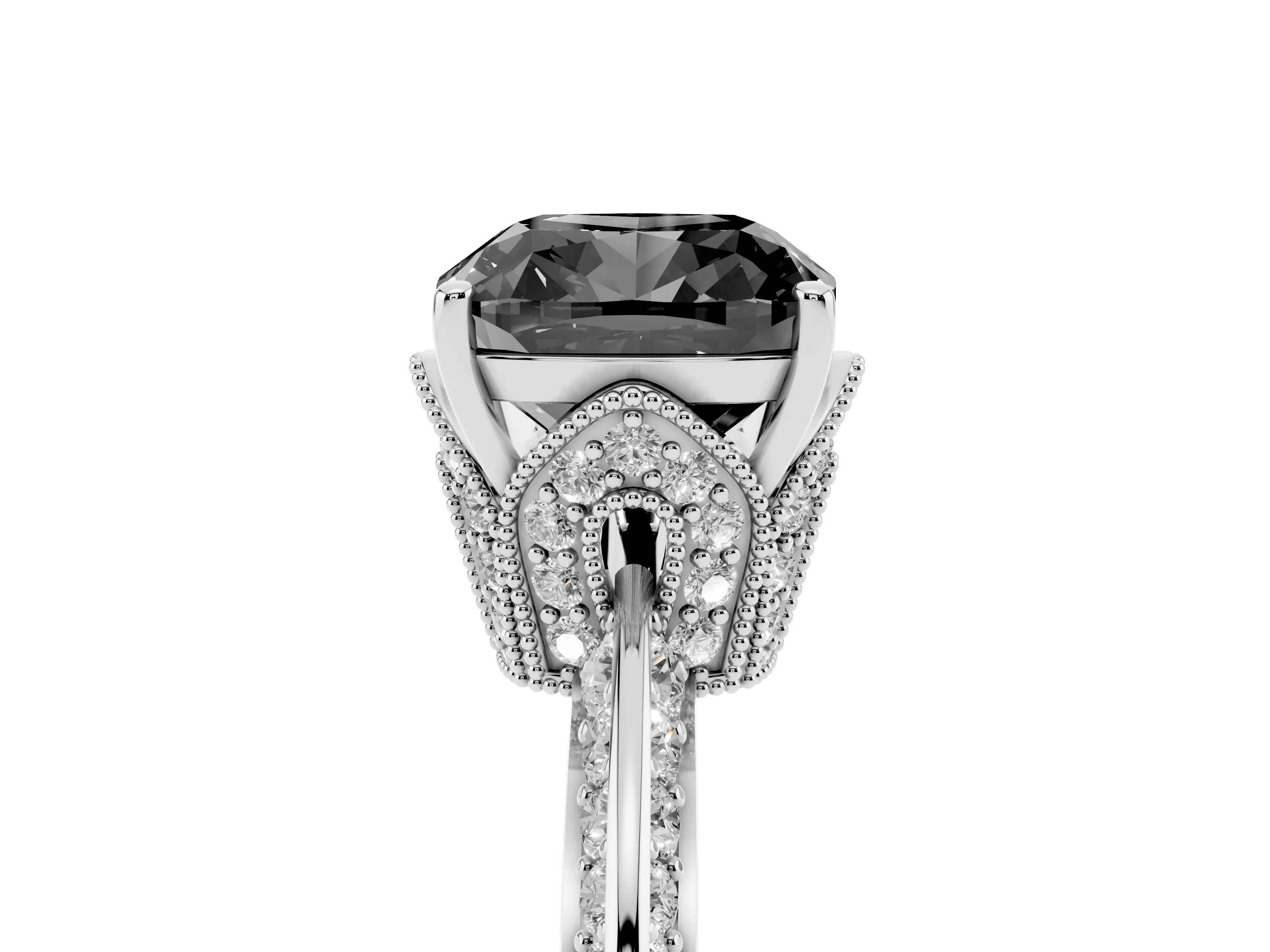 Fancy Black Cushion Cut Diamond Solitaire Engagement Ring Set in White gold with Pavé Split Shank and Prong Setting