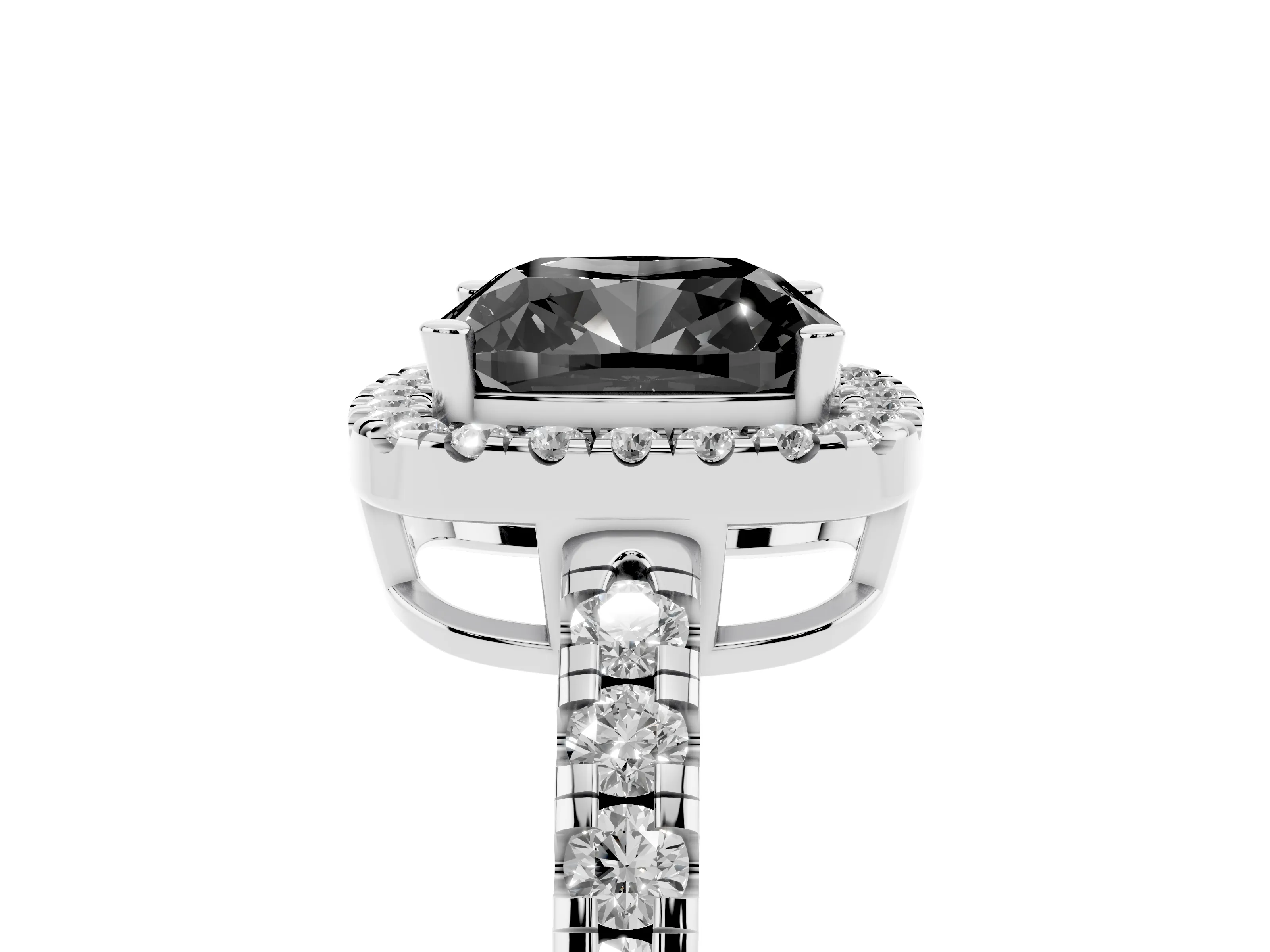 Fancy Black Cushion Cut Diamond Halo Ring Set in Silver with Delicate Pavé Band and Prong Setting