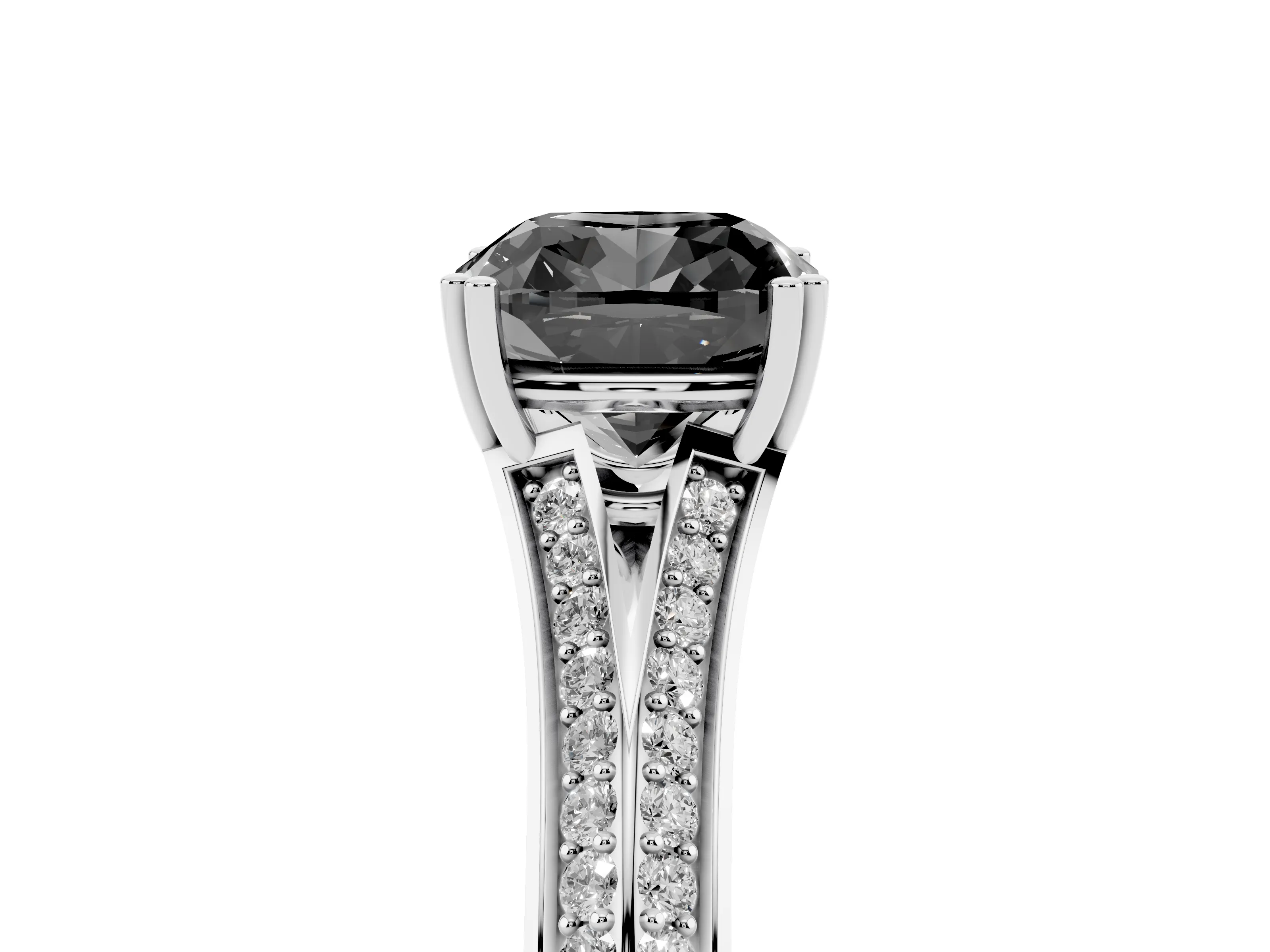 Fancy Black Cushion Cut Diamond Split Shank Pavé Engagement Ring Set in Platinum with Prong-Set Center Stone