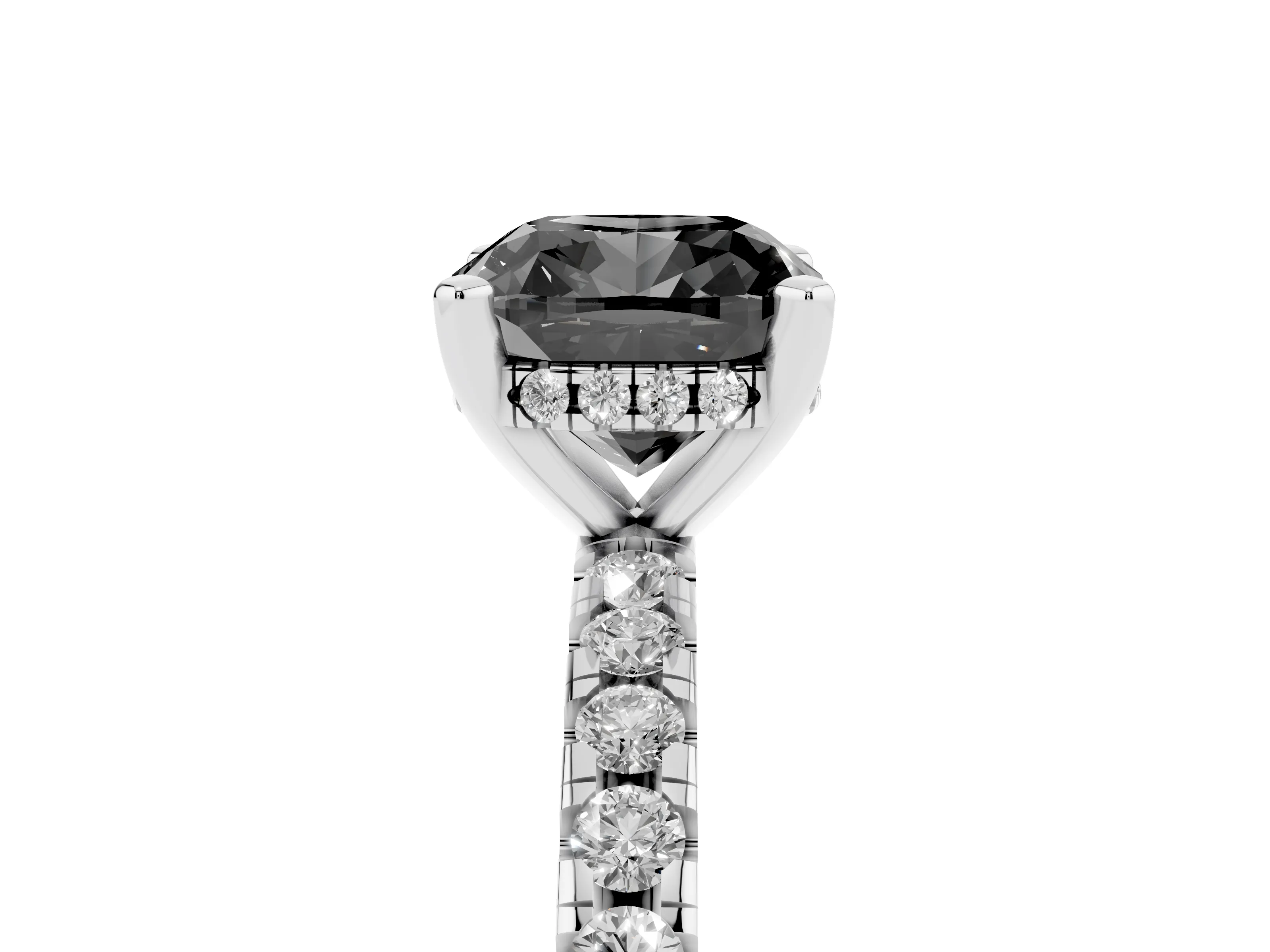 Fancy Black Cushion Cut Diamond Pavé Solitaire Ring Set in White gold with Round Band Accents and Prong Setting