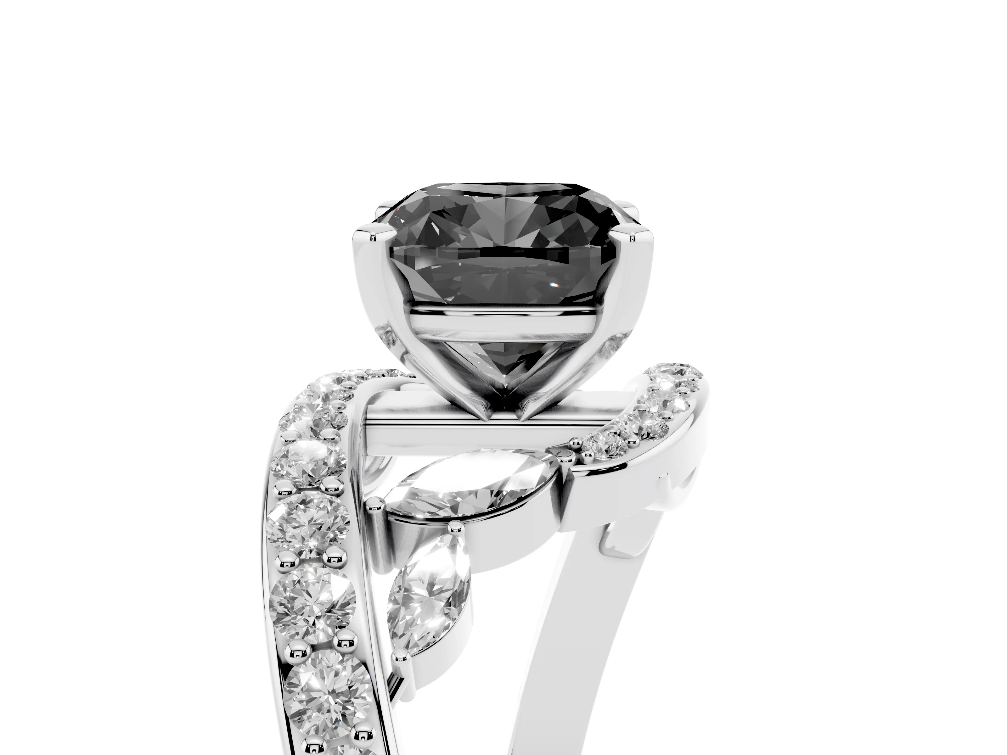 Fancy Black Cushion Cut Diamond Solitaire Ring Set in Silver with Filigree Band and Prong Setting