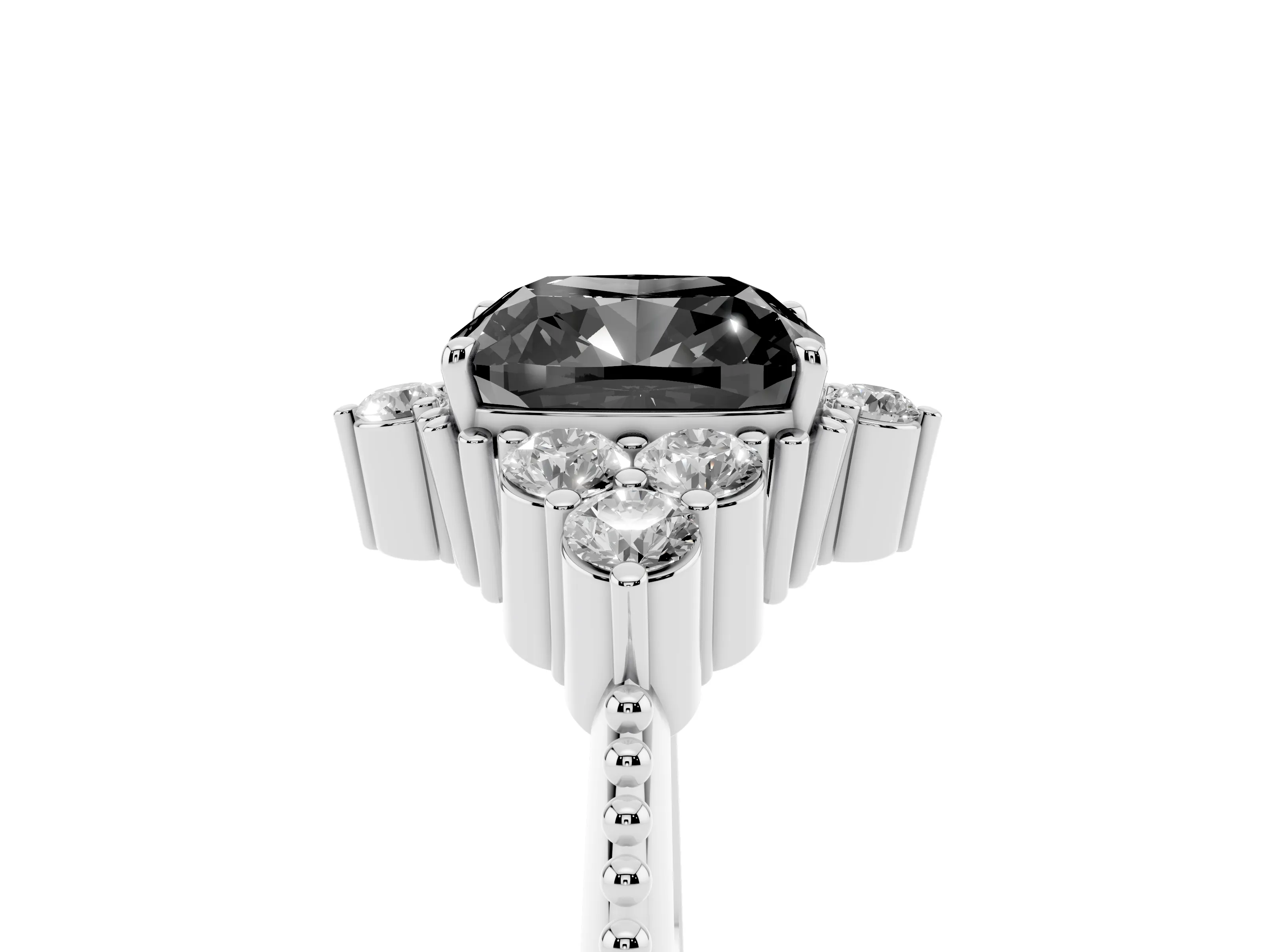 Fancy Black Cushion Cut Diamond Cluster Ring Set in White gold with Beaded Band