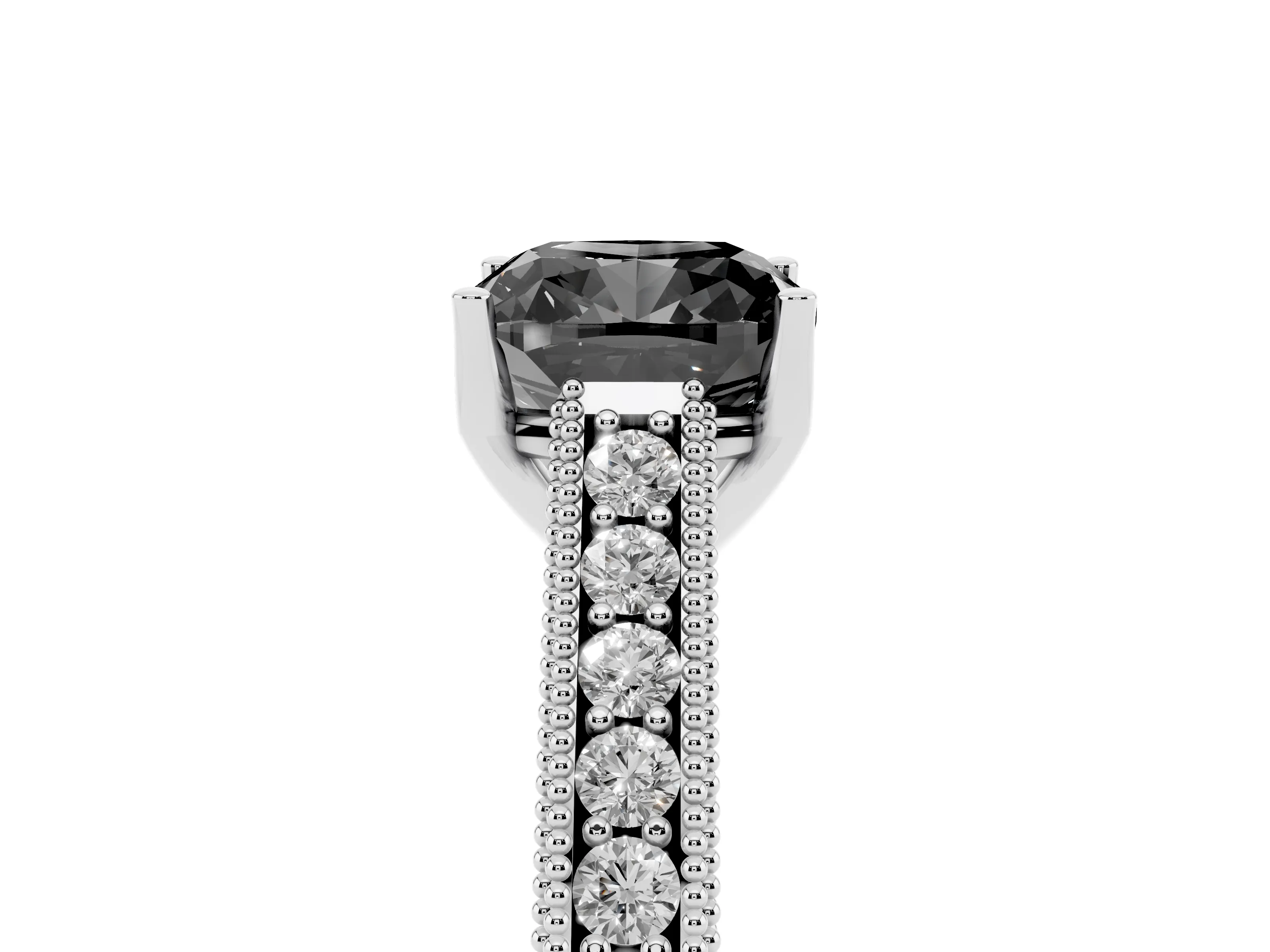 Fancy Black Cushion Cut Diamond Milgrain Pavé Band Solitaire Ring Set in White gold with Prong Setting