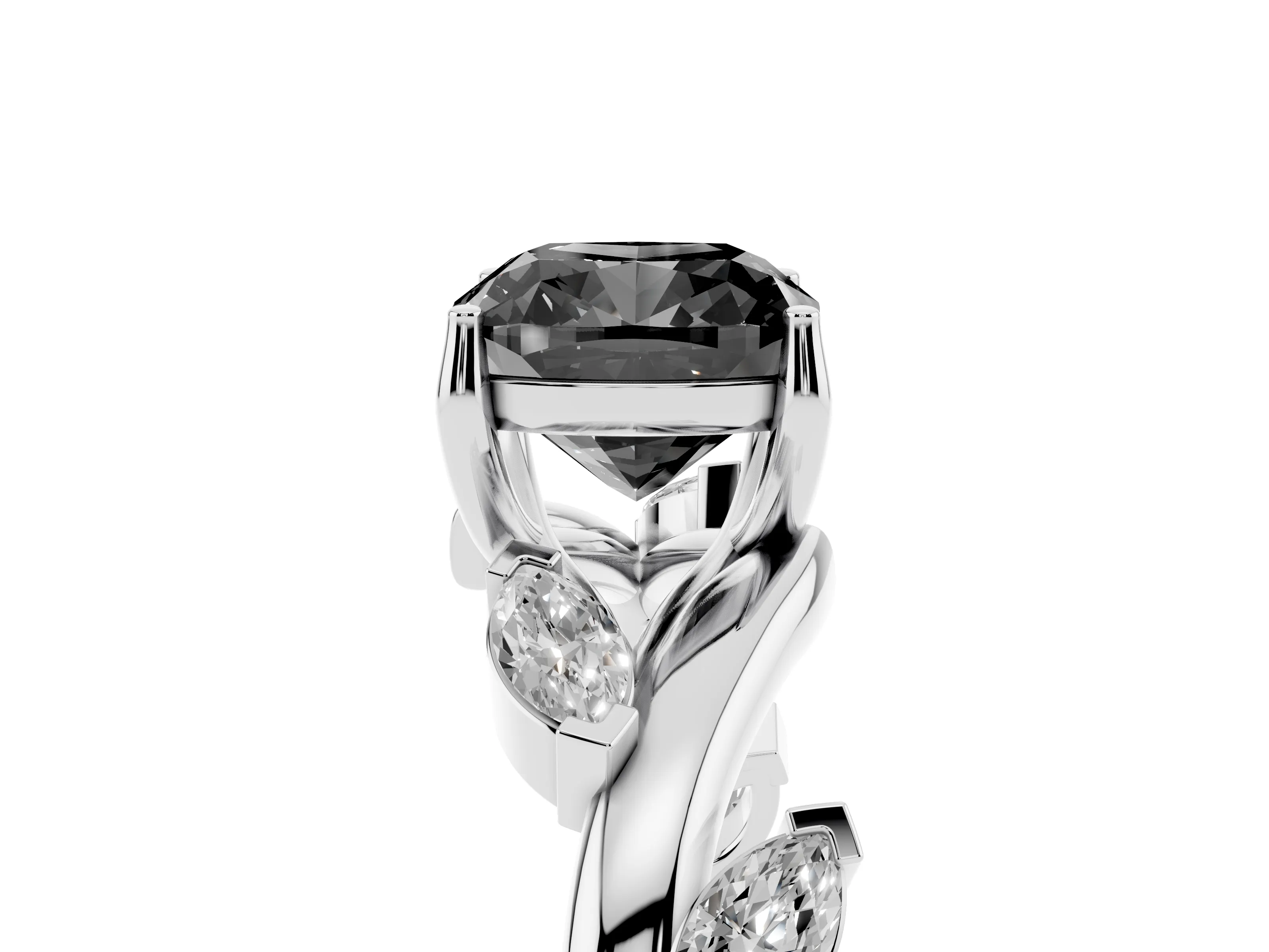Fancy Black Cushion Cut Diamond Solitaire Ring Set in White gold with Twisted Marquise Accent Band