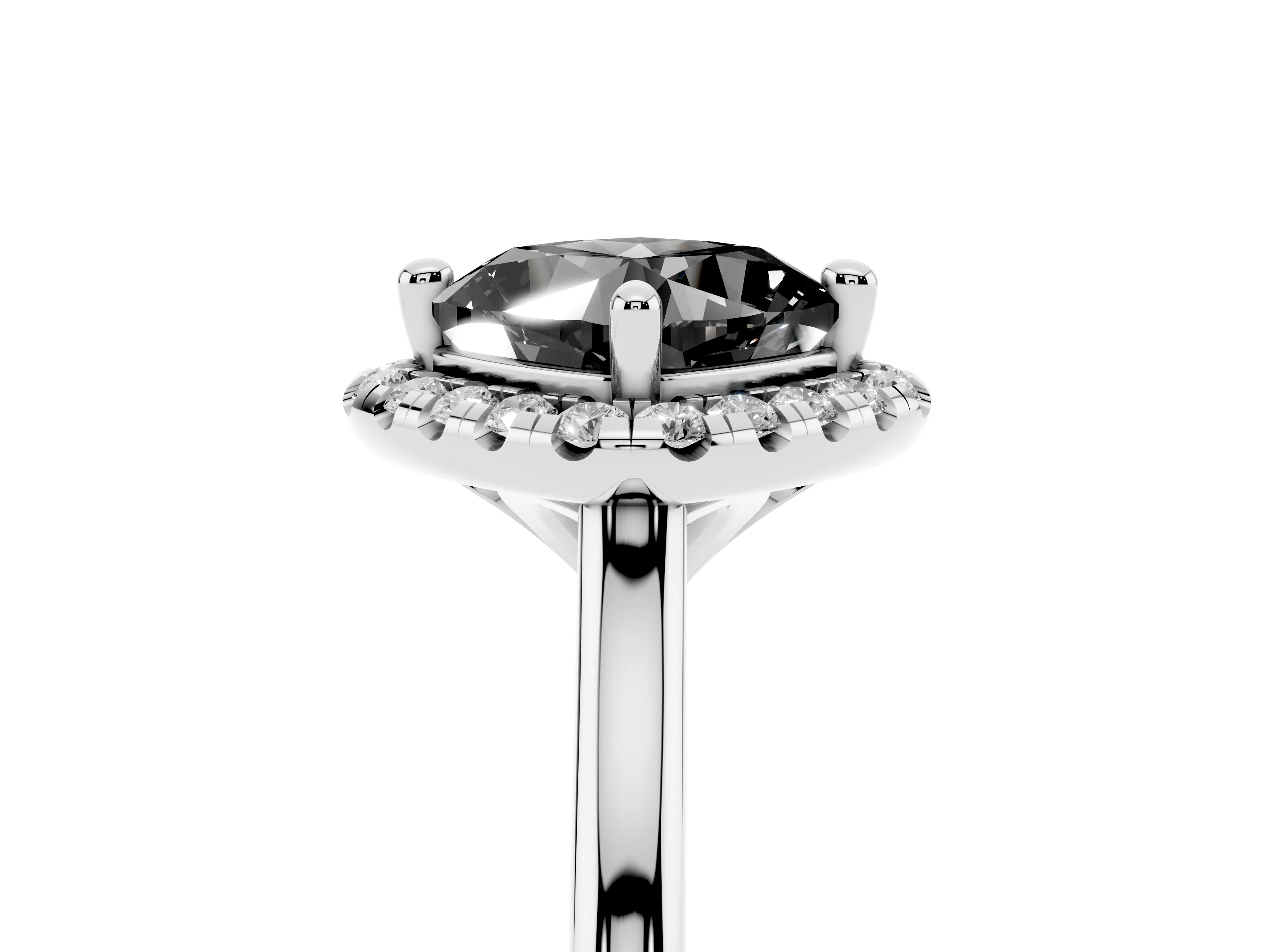 Fancy Black Cushion Cut Diamond Halo Engagement Ring Set in White gold with Pavé Band and Rising Shoulders