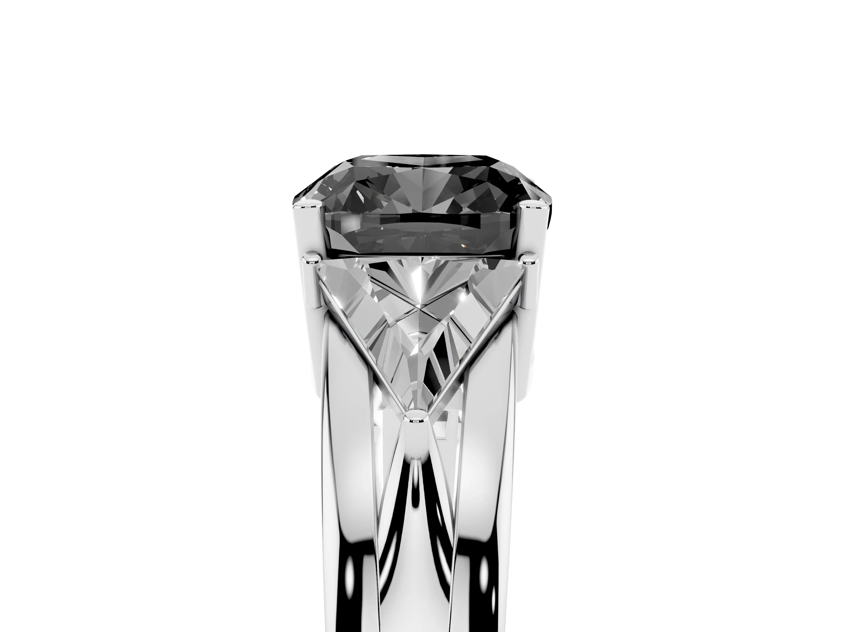 Fancy Black Cushion Cut Diamond Three-Stone Ring Set in Silver with Trillion Side Stones and Split Shank