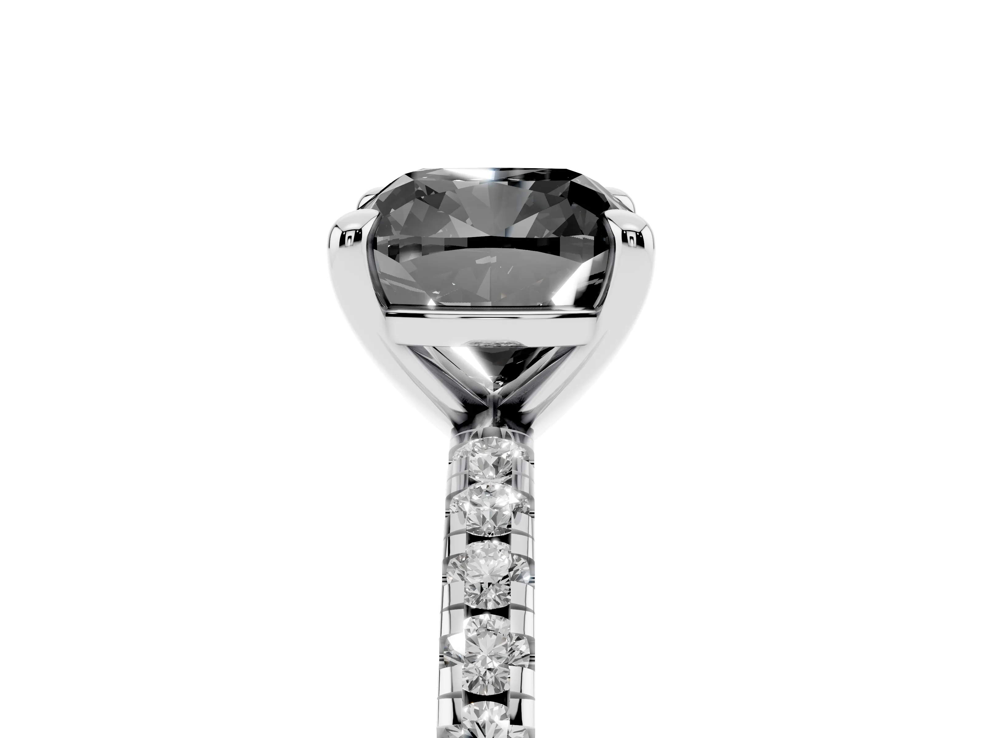 Fancy Black Cushion Cut Diamond Brilliant Solitaire Ring Set in Platinum with Pavé Band and Prong Setting