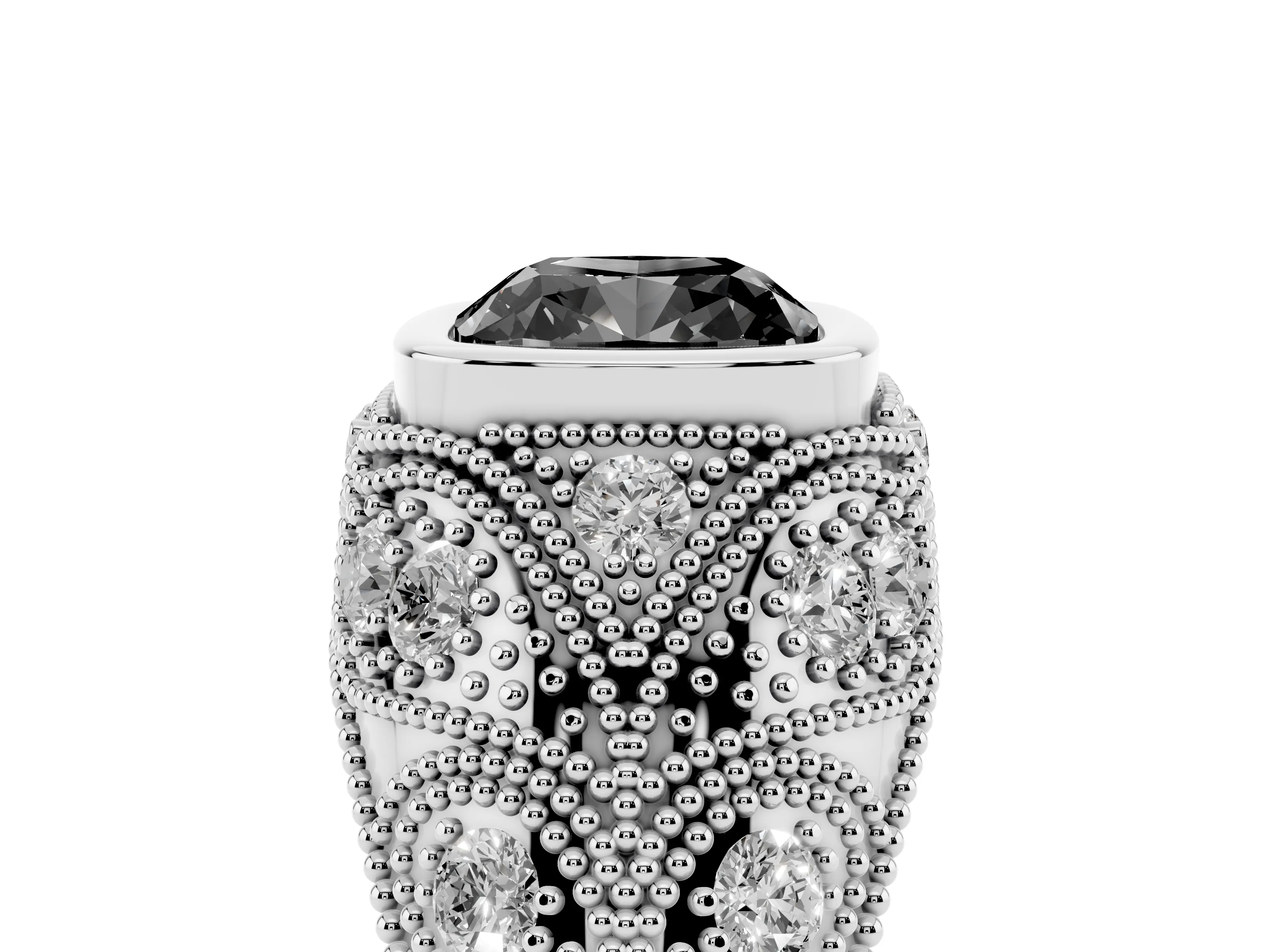 Fancy Black Cushion Cut Diamond Bezel Ring Set in Silver with Milgrain Accent Band