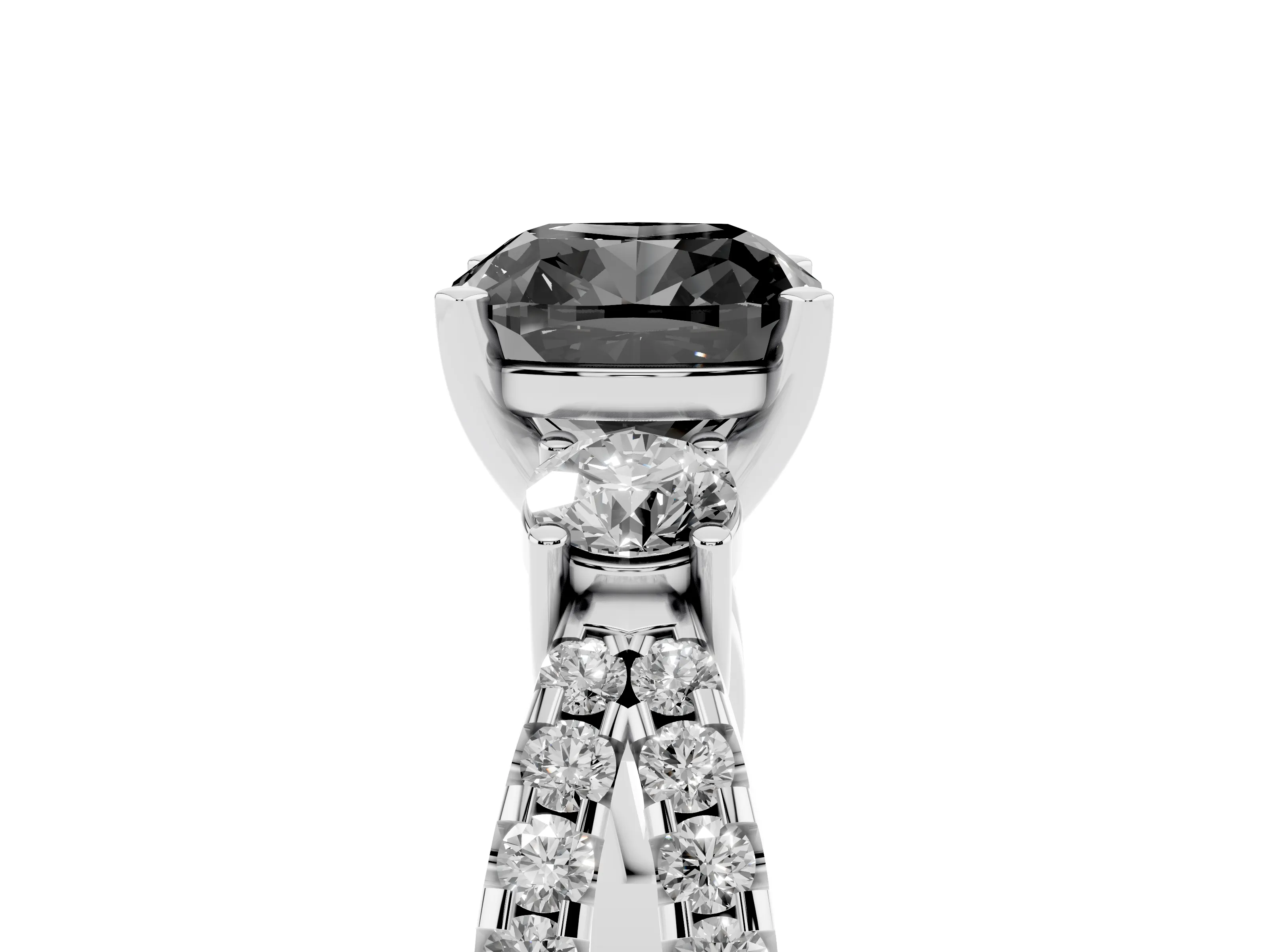 Fancy Black Cushion Cut Diamond Three-Stone Ring Set in Silver with Pavé Split Shank and Prong Setting