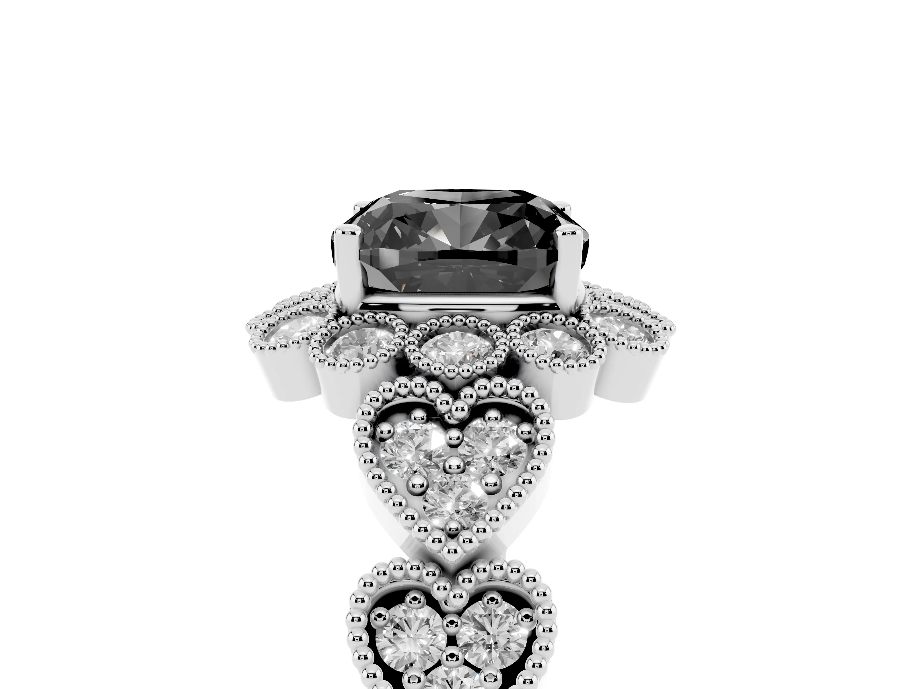 Fancy Black Cushion Cut Diamond Solitaire Ring Set in Platinum with Milgrain Pavé Heart Band