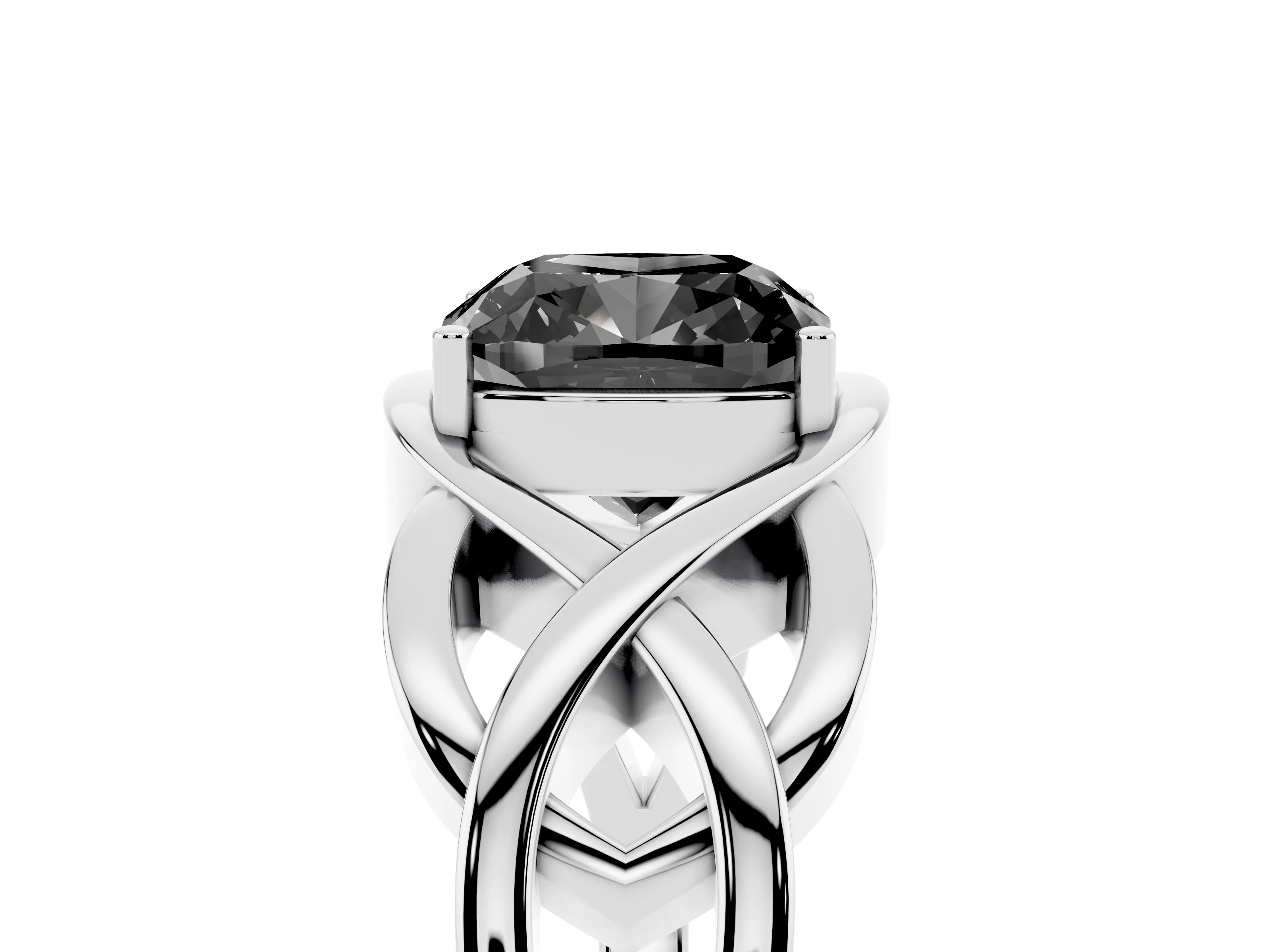 Fancy Black Cushion Cut Diamond Solitaire Ring Set in White gold with Intertwined Band