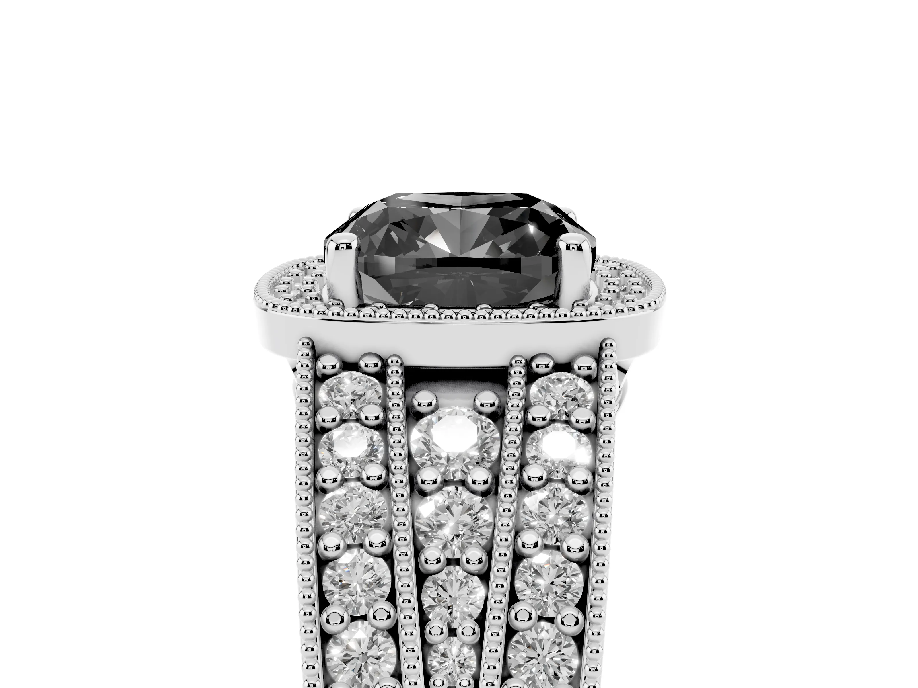 Fancy Black Cushion Cut Diamond Halo Ring Set in Silver with Accent Split Shank and Prong Setting