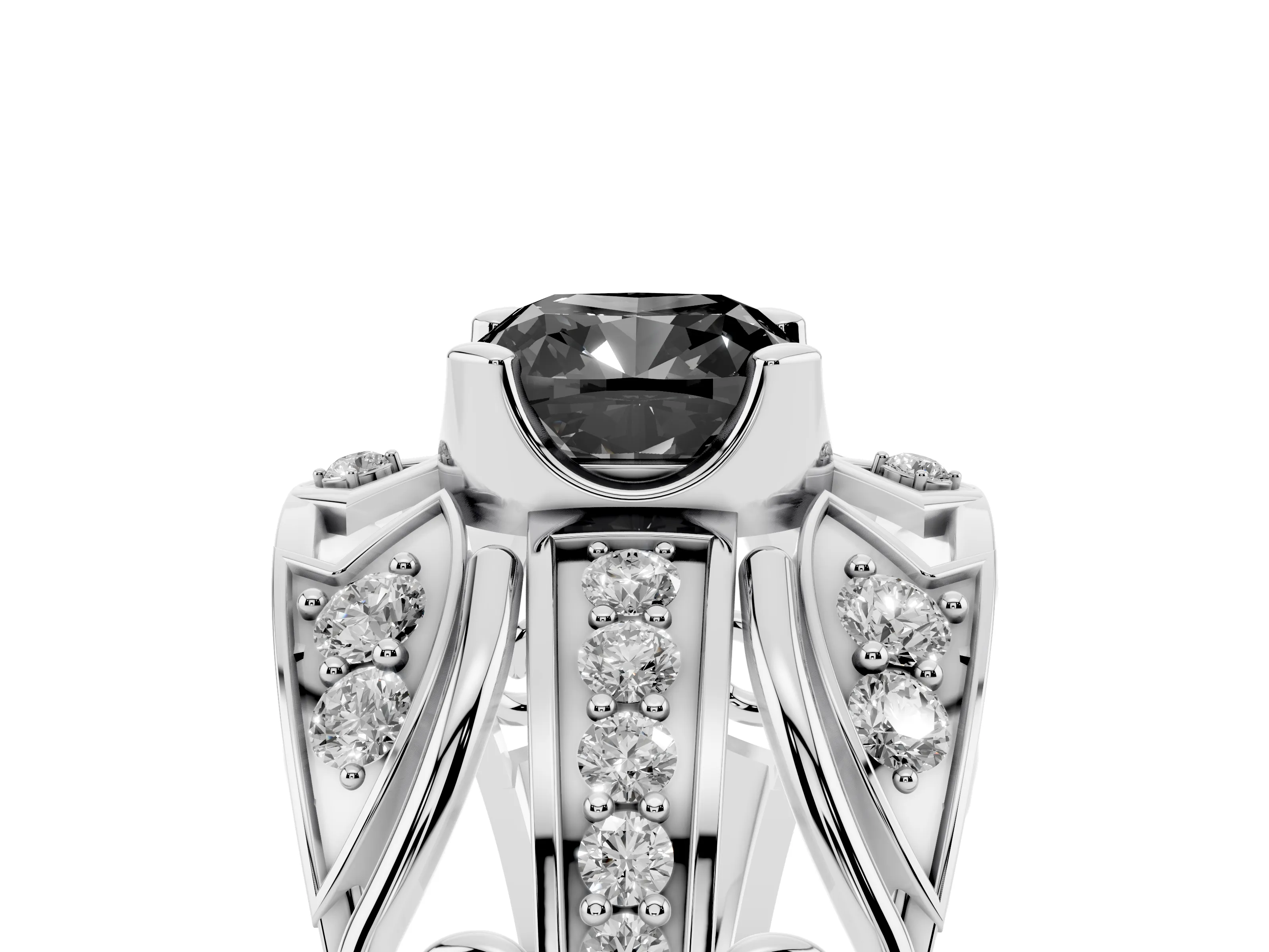 Fancy Black Cushion Cut Diamond Art Deco Ring Set in Silver with Pavé Split Shank