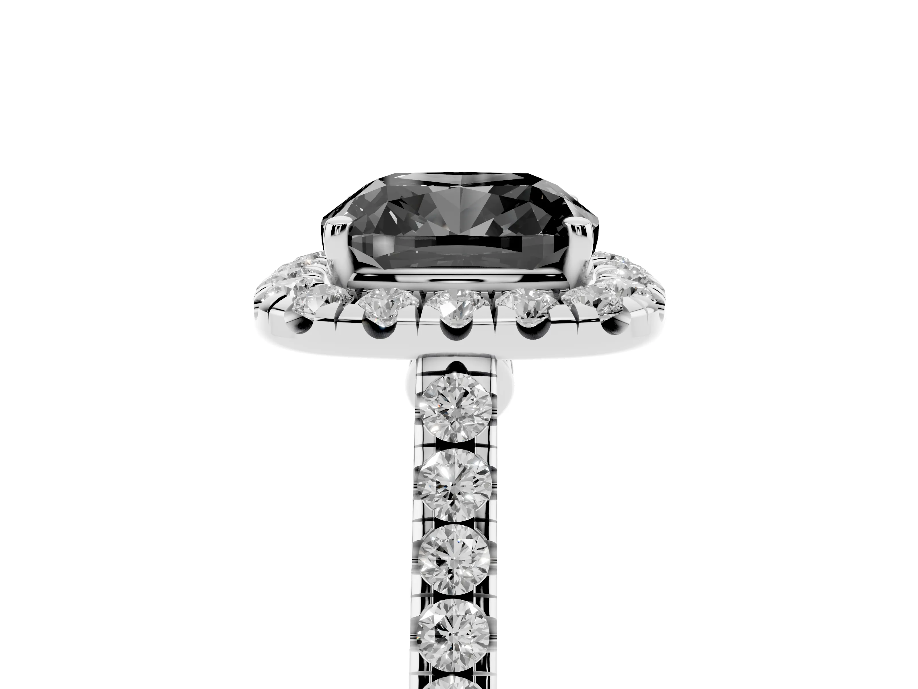 Fancy Black Cushion Cut Diamond Halo Pavé Engagement Ring Set in White gold with Prong Setting