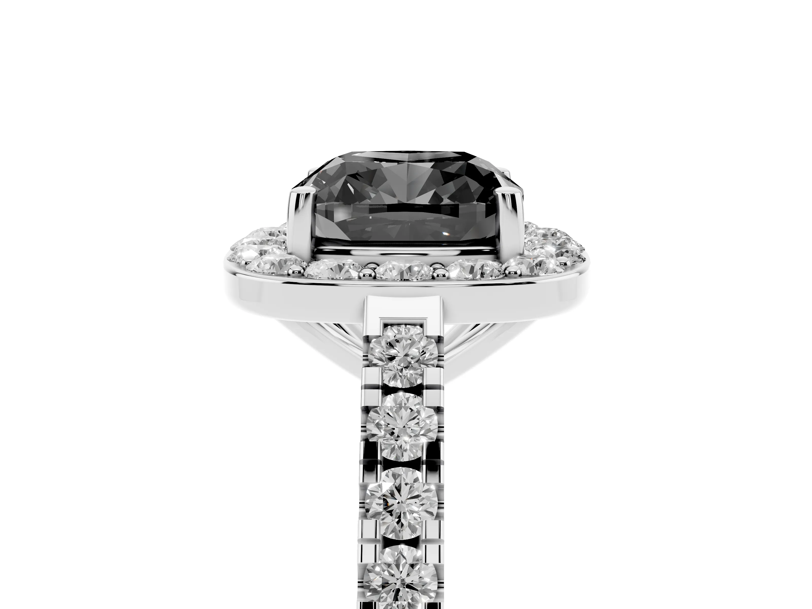 Fancy Black Cushion Cut Diamond Halo Ring Set in Silver with Round Pavé Split Shank and Prong Setting
