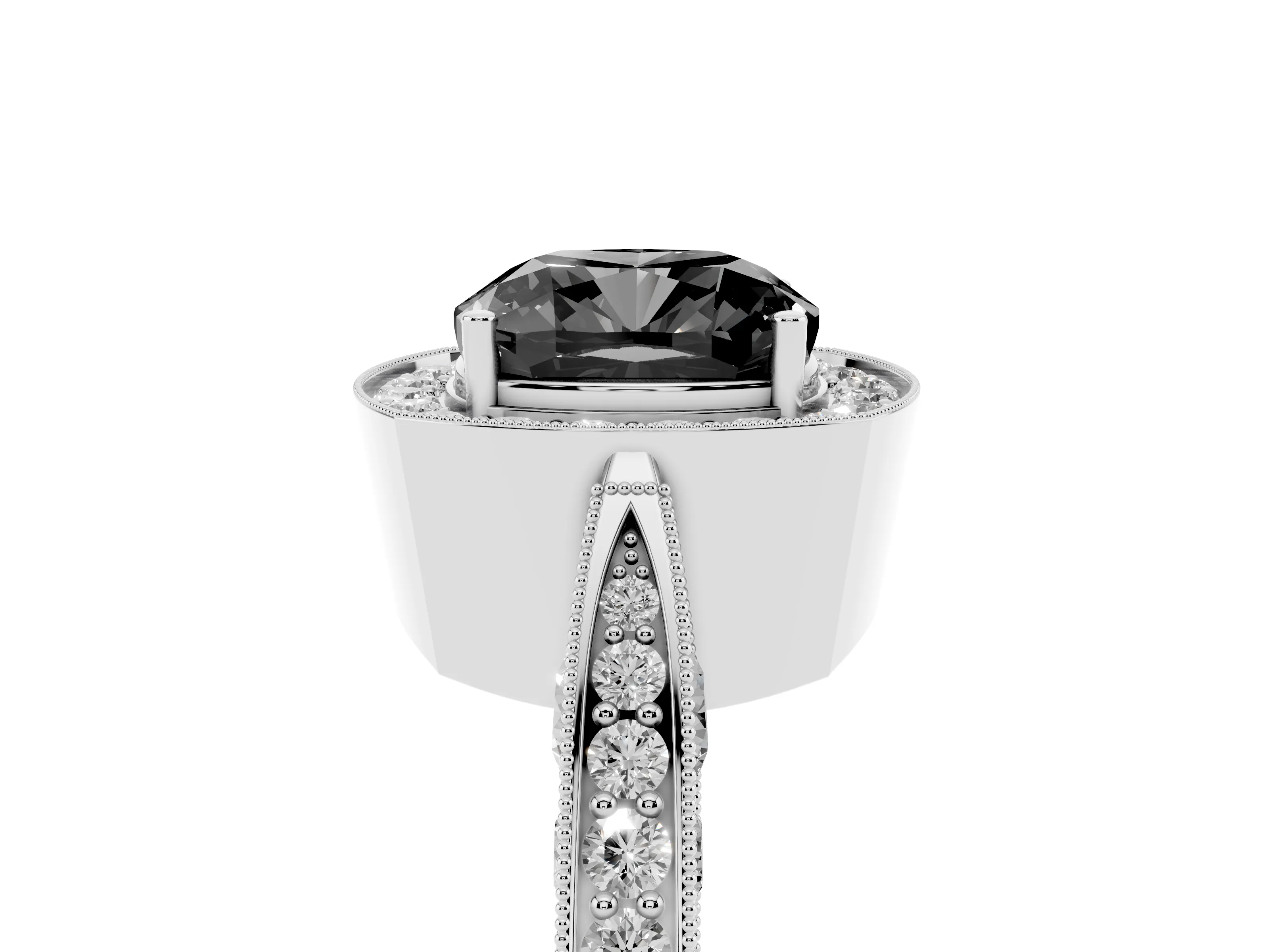 Fancy Black Cushion Cut Diamond Halo Engagement Ring Set in White gold with Accent Split Shank Band