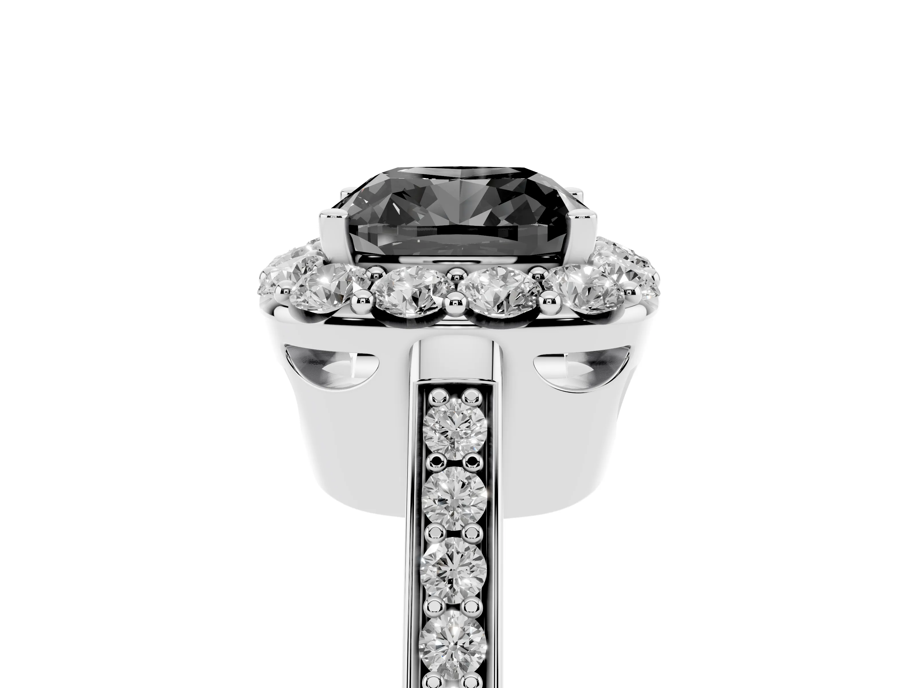 Fancy Black Cushion Cut Diamond Floral Halo Ring Set in White gold with Pavé Band and Prong Setting